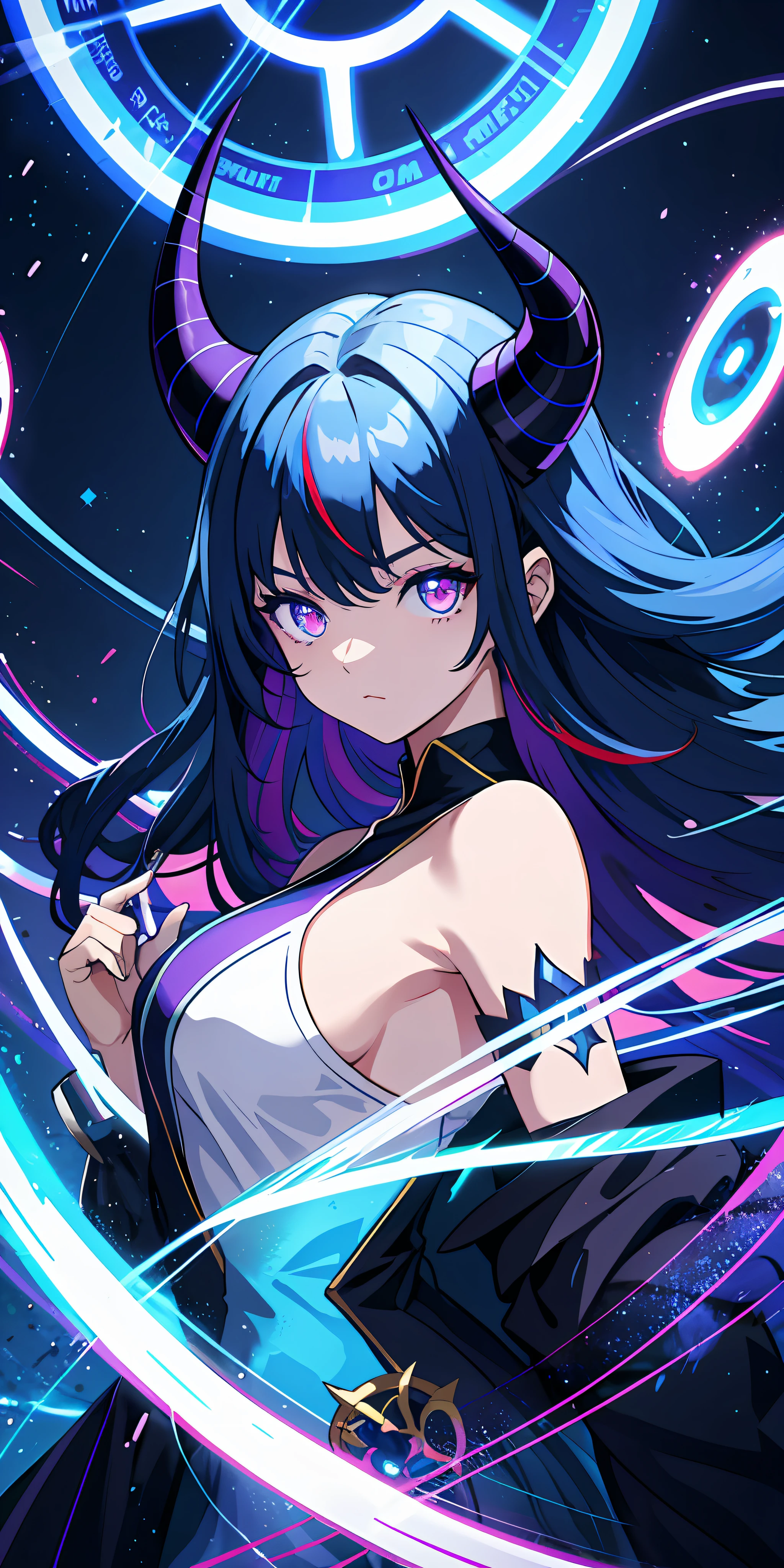 1girl, blue hair, horns, multicolored eyes, glowing, blue eye, purple eye, bare shoulders, demon eyes, magic circle, light particles, light rays, wallpaper,