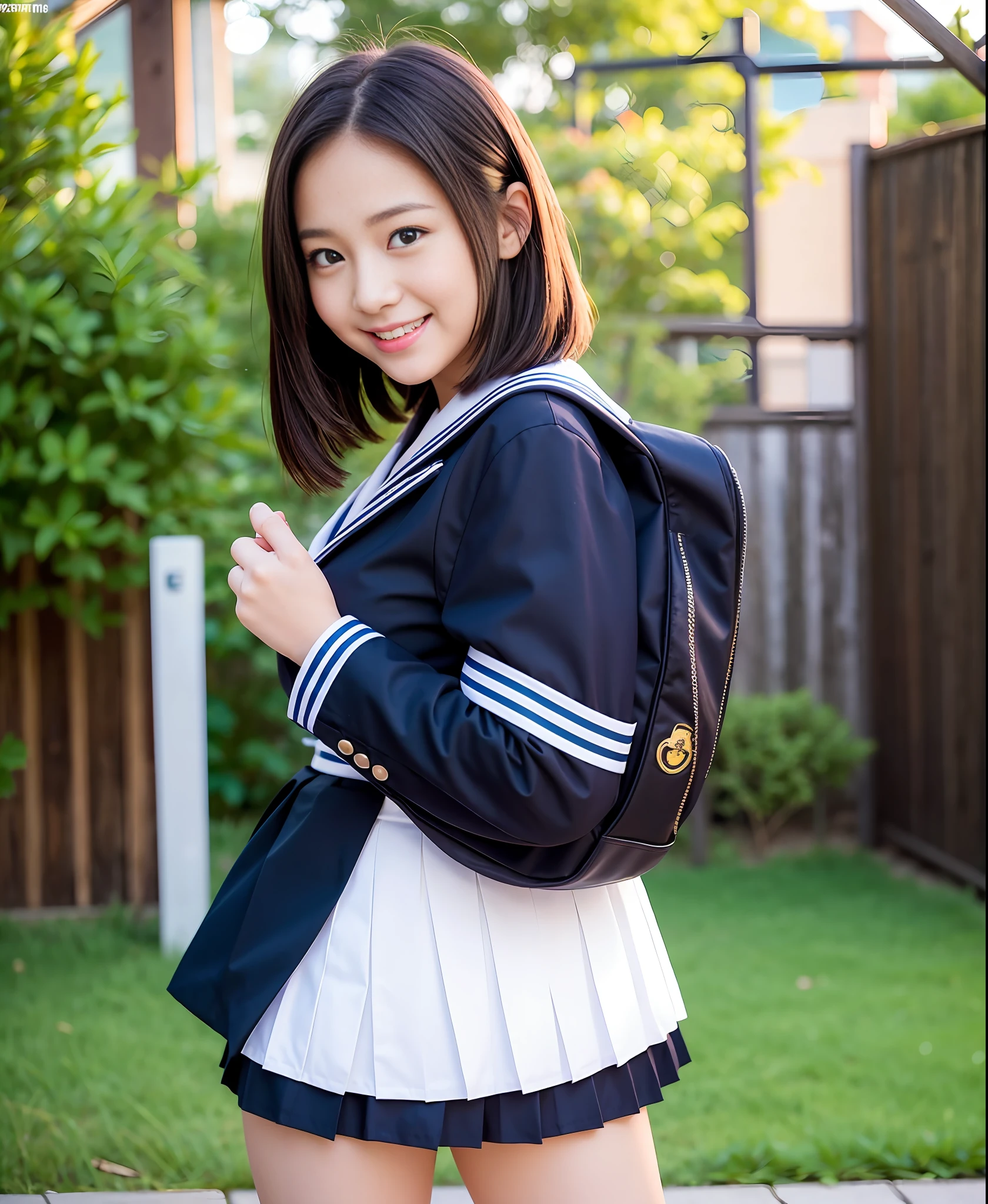 Have School bag,Smile at viewer, , big ,Glamour,Japanese High School black uniform,sailor uniform black mini skirt,Glamour,big breasted, (best quality, masterpiece:1.2), A cute girl 14years old, 8k Portrait, Bra, outdoor,princess eyes,white skin,beautiful the most
