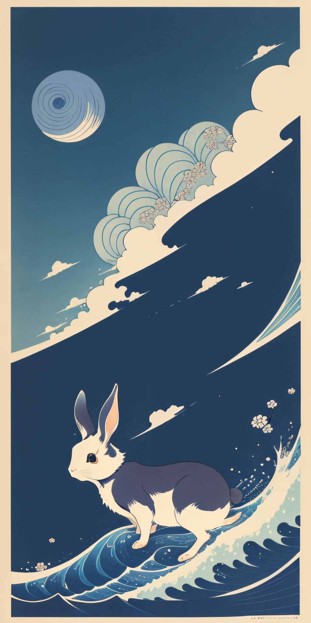 Rabbit, Katsushika Hokusai style, color blue