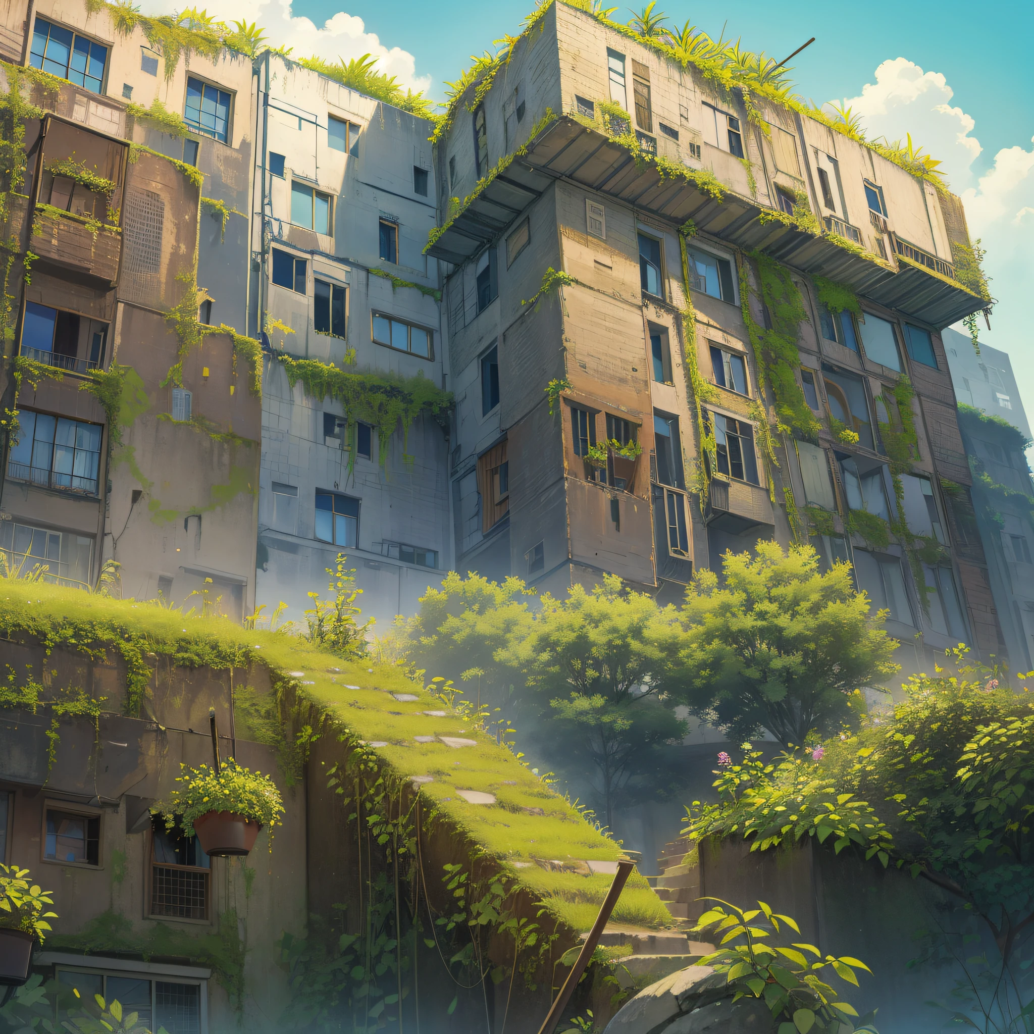 Grass grows in the city, the walls are full of (plants, trees), and the tall buildings are dilapidated