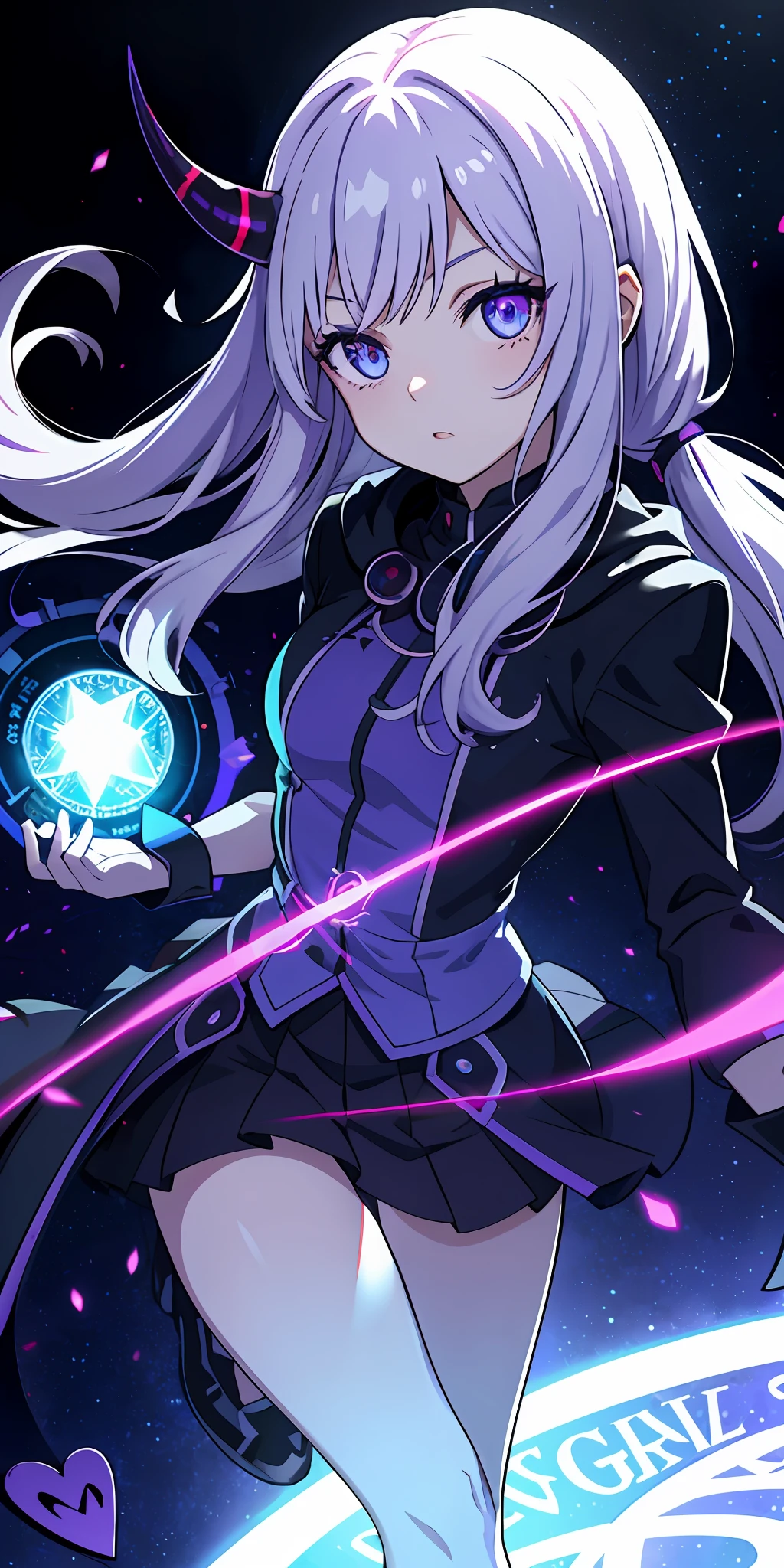 1girl, , horn, colorful eyes, glowing, blue eyes, purple eyes, , demon eyes, magic circle, light particles, rays, wallpaper,
