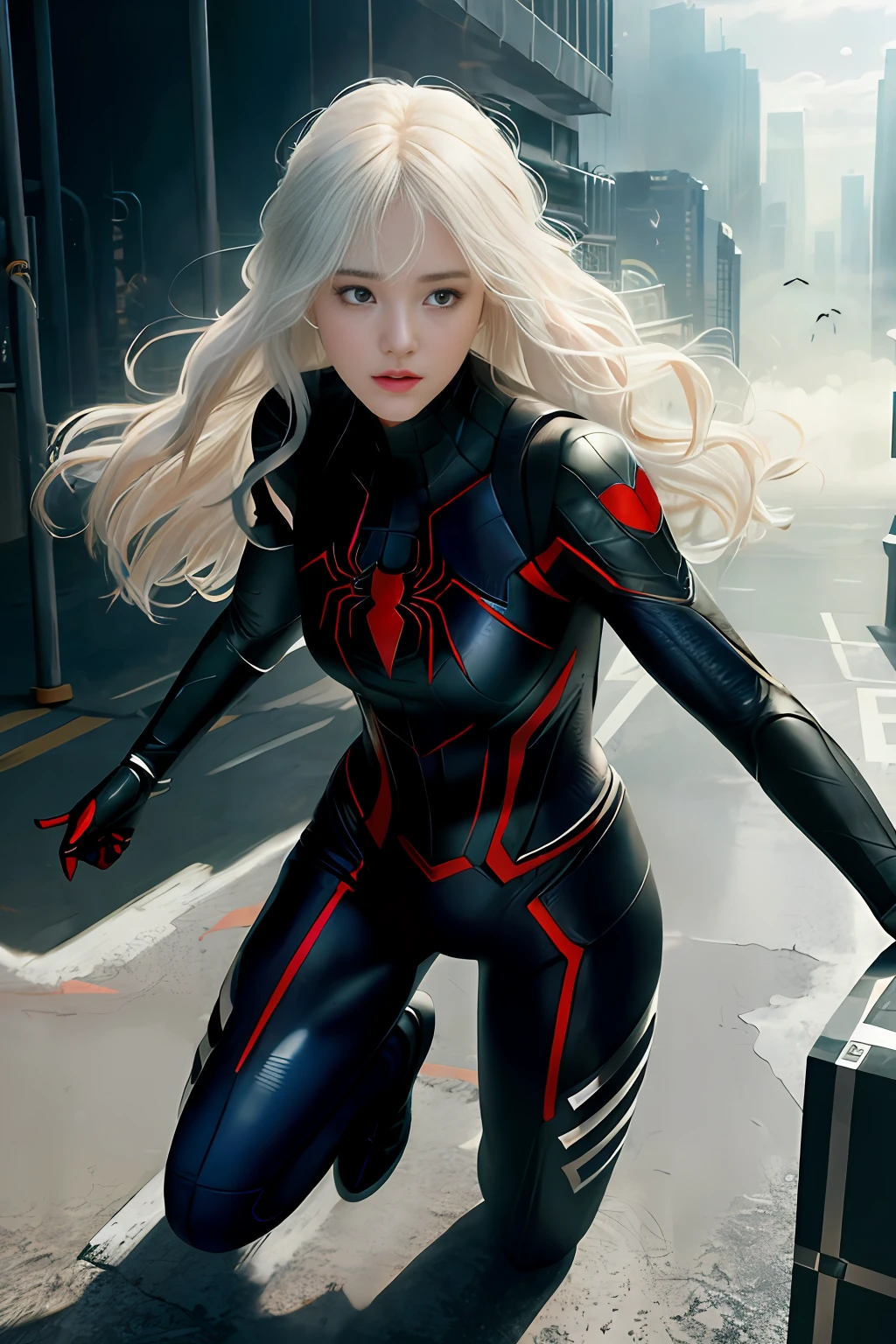 (1girl:1.3), solo, __body-parts__, official art, unified 8k wallpaper, super detailed, beautiful and aesthetic, beautiful, masterpiece, best quality, raw, masterpiece, super fine photo, best quality, super high resolution, photorealistic realism, sunlight, full body portrait, long white hair, amazing beauty, dynamic pose, delicate face, vibrant eyes, (from the front), she wears a full body black Spider-Man suit, spider, detailed face, Detailed complex busy background, messy, gorgeous, milky white, highly detailed skin, realistic skin details, visible pores, sharp focus, volumetric fog, 8k uhd, DSLR, high quality, film grain, fair skin, photo realism, lomography, huge metropolis in future dystopia, translucent