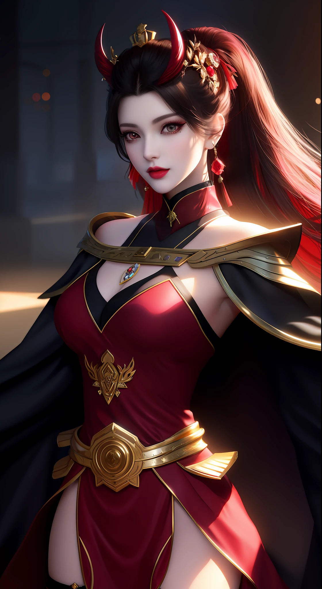 best quality, masterpiece, highres, 1girl, hanfu, white and even teeth, chinese underwear, hair ornaments, necklace, jewelry, crown jewelry. Pretty face, upper body, magic import style, tyndall effect, photorealistic, dark studio, border light, two tone light, (high detail skin: 1.2), 8k uhd, dslr, soft light, high quality, volumetric light, candid, Photo, high resolution, 4k, 8k, Bokeh, (light pink lips), 1 beautiful demon from hell, In the Dark: 1.6), surreal female portraits by David Hockney and Alphonse Mucha, fantasy art, photorealism, dynamic lighting, station art, posters, volumetric lighting, highly detailed faces, super 8k, Awarded, in the dark, deep shadow, low light, cowboy lens, (Red phoenix dress: 1.4), long hair, black hair, bust, palace luxury, Royal style, crown devil, red eyes with very sharp and detailed makeup, Best face, Very big and round and round breasts, Surreal, chinese women's clothes, turtleneck polo shirt, charming smile, Beautiful eyes makeup, guweiz, devil style, black mesh stockings, ponytail with a bow at the back, dark red lips, Devil tattoo on shoulder, wearing a thin red and black shirt , cape, overcast and thundering landscape, (Portrait), Protagonist Close-up, (Background detail 1.8),