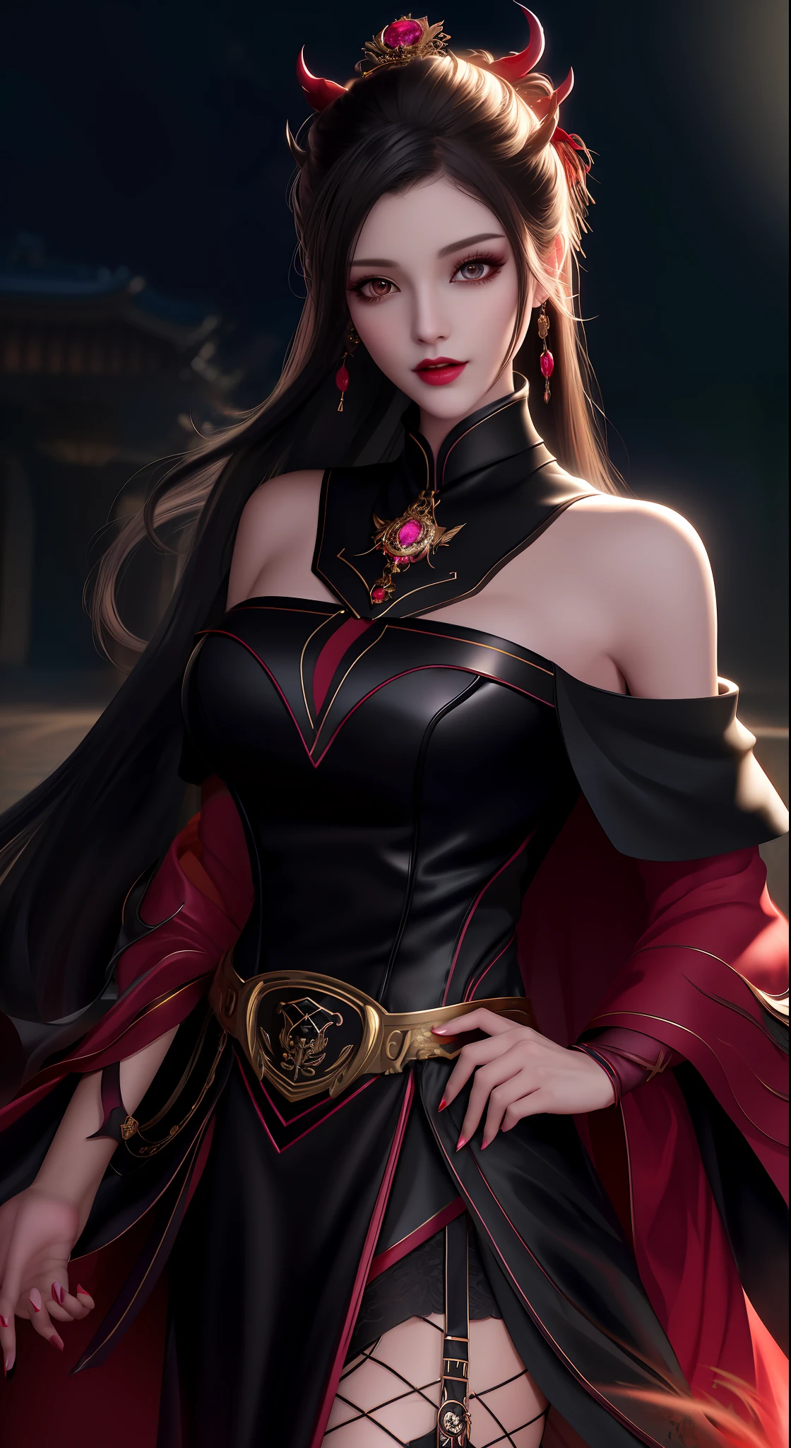 best quality, masterpiece, highres, 1girl, hanfu, white and even teeth, chinese underwear, hair ornaments, necklace, jewelry, crown jewelry. Pretty face, upper body, magic import style, tyndall effect, photorealistic, dark studio, border light, two tone light, (high detail skin: 1.2), 8k uhd, dslr, soft light, high quality, volumetric light, candid, Photo, high resolution, 4k, 8k, Bokeh, (light pink lips), 1 beautiful demon from hell, In the Dark: 1.6), surreal female portraits by David Hockney and Alphonse Mucha, fantasy art, photorealism, dynamic lighting, station art, posters, volumetric lighting, highly detailed faces, super 8k, Awarded, in the dark, deep shadow, low light, cowboy lens, (Red phoenix dress: 1.4), long hair, black hair, bust, palace luxury, Royal style, crown devil, red eyes with very sharp and detailed makeup, Best face, Very big and round and round breasts, Surreal, chinese women's clothes, turtleneck polo shirt, charming smile, Beautiful eyes makeup, guweiz, devil style, black mesh stockings, ponytail with a bow at the back, dark red lips, Devil tattoo on shoulder, wearing a thin red and black shirt , cape, overcast and thundering landscape, (Portrait), Protagonist Close-up, (Background detail 1.8),