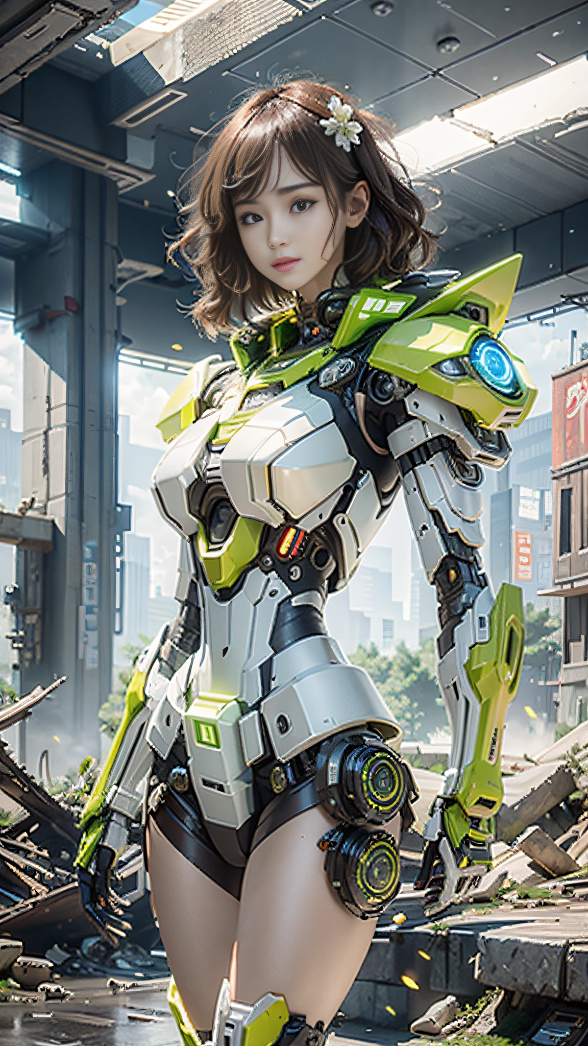 ((Best quality)), ((masterpiece)), (highly detailed:1.3), 3D,Shitu-mecha, beautiful cyberpunk women with her mecha in the ruins of city from a forgoten war, ancient technology,HDR (High Dynamic Range),Ray Tracing,NVIDIA RTX,Super-Resolution,Unreal 5,Subsurface scattering,PBR Texturing,Post-processing,Anisotropic Filtering,Depth-of-field,Maximum clarity and sharpness,Multi-layered textures,Albedo and Specular maps,Surface shading,Accurate simulation of light-material interaction,Perfect proportions,Octane Render,Two-tone lighting,Low ISO,White balance,Rule of thirds,Wide aperature,8K RAW,Efficient Sub-Pixel,sub-pixel convolution,luminescent particles,light scattering,Tyndall effect