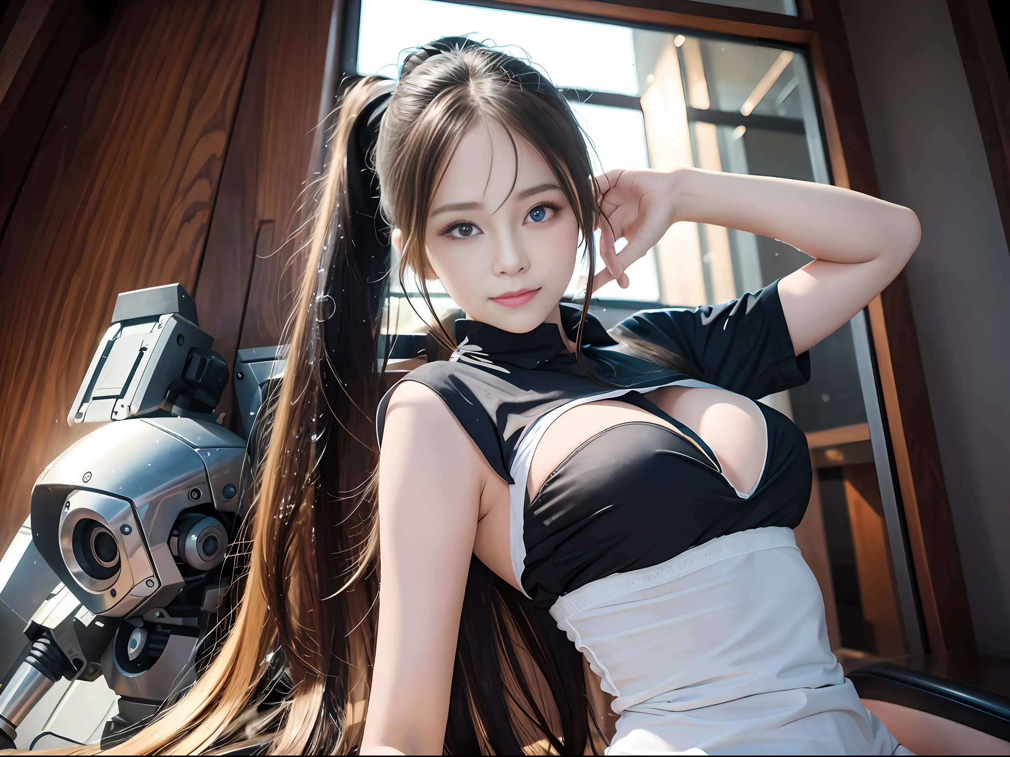 best quality, masterpiece, 1 girl, full body, light leakage, robot girl, long bangs, overexposed, loli, cosplay, real, reality, original, woods, maid, ponytail, long hair, high ponytail, blue eyes, squinted eyes, half closed eyes, wet shirt, bare feet, no bra, no panties, shirt, seductive smile, lying down, arms raised next to head, legs open, legs raised to chest, perfect anatomy, super high resolution,