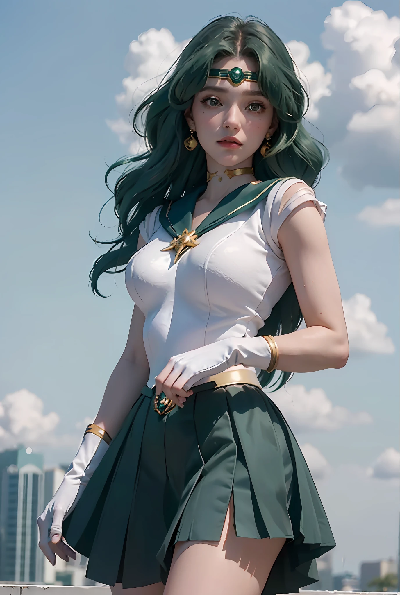 close-up, 1girl, sailor neptune, (sailor senshi uniform:1.2), (aqua eyes:0.9), dark green hair, medium hair, plead skirt, best quality, earrings, masterpiece, high resolution, intricate details, (( realistic )), photographic, (white elbow gloves:1.1), jewelry, Medium breast, full body, Dynamic background, dynamic posture, high heels,