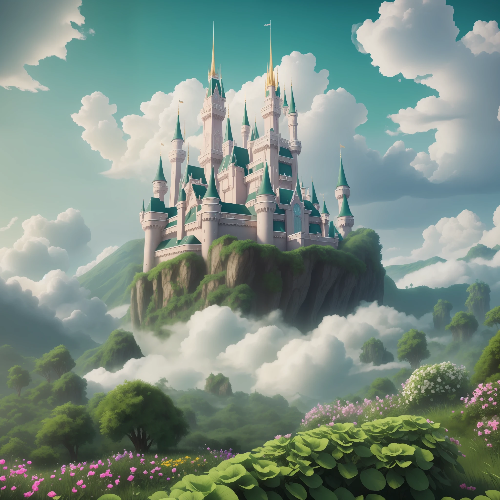 Epic CG matte painting, wide view, pale green clouds, Disney castle, garden full of flowers on the clouds, a few drops of water falling from the clouds, a sea of pale green roses, HD images, Unreal Engine, ArtStation 4k HD trend --auto --s2