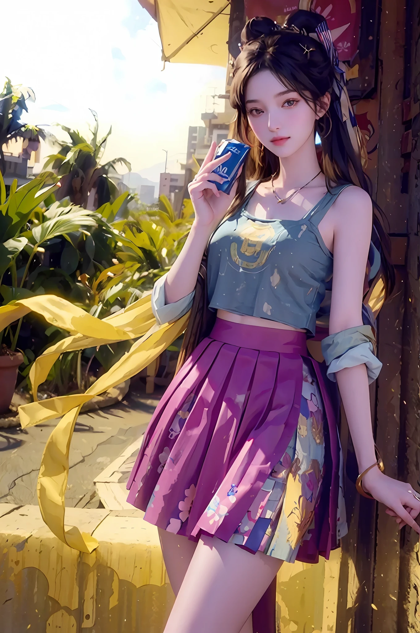 (RAW photo, best quality), A beautiful girl is wearing a skirt, holding Pepsi Cola in her hand, and the sun shines on her