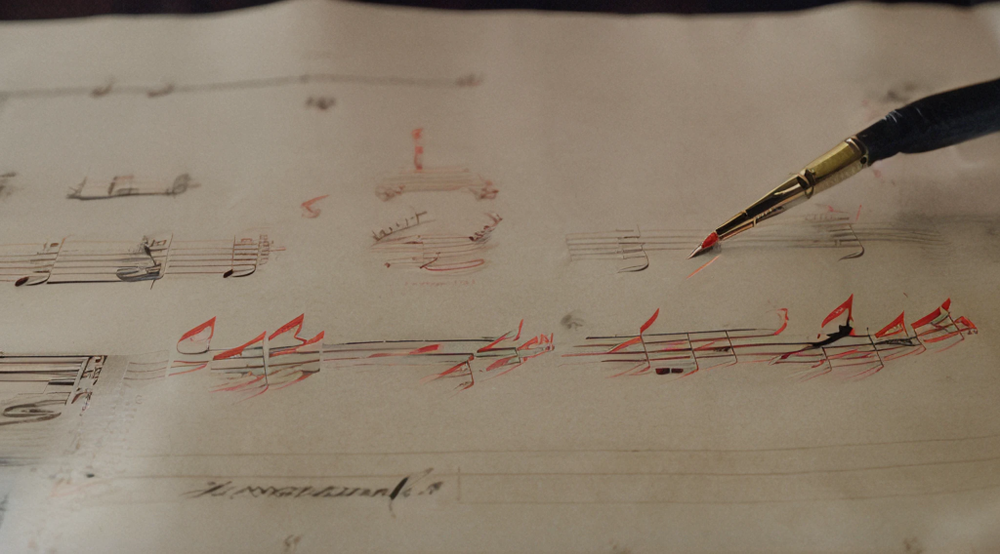 classicnegative photo, close-up of a sheet of music with notes on it, old manuscript, composition on the right side, sheet music, master composition!!!, sheet music written in red paint, sheet music written in red pen, composer, highly detailed composition, manuscript, old script, master composition, on paper, musician, full-volume composition, old parchment inspired by Girolamo Muziano, on old parchment, fantasy, 1970s dark fantasy movie, haze, halation, bloom, dramatic atmosphere