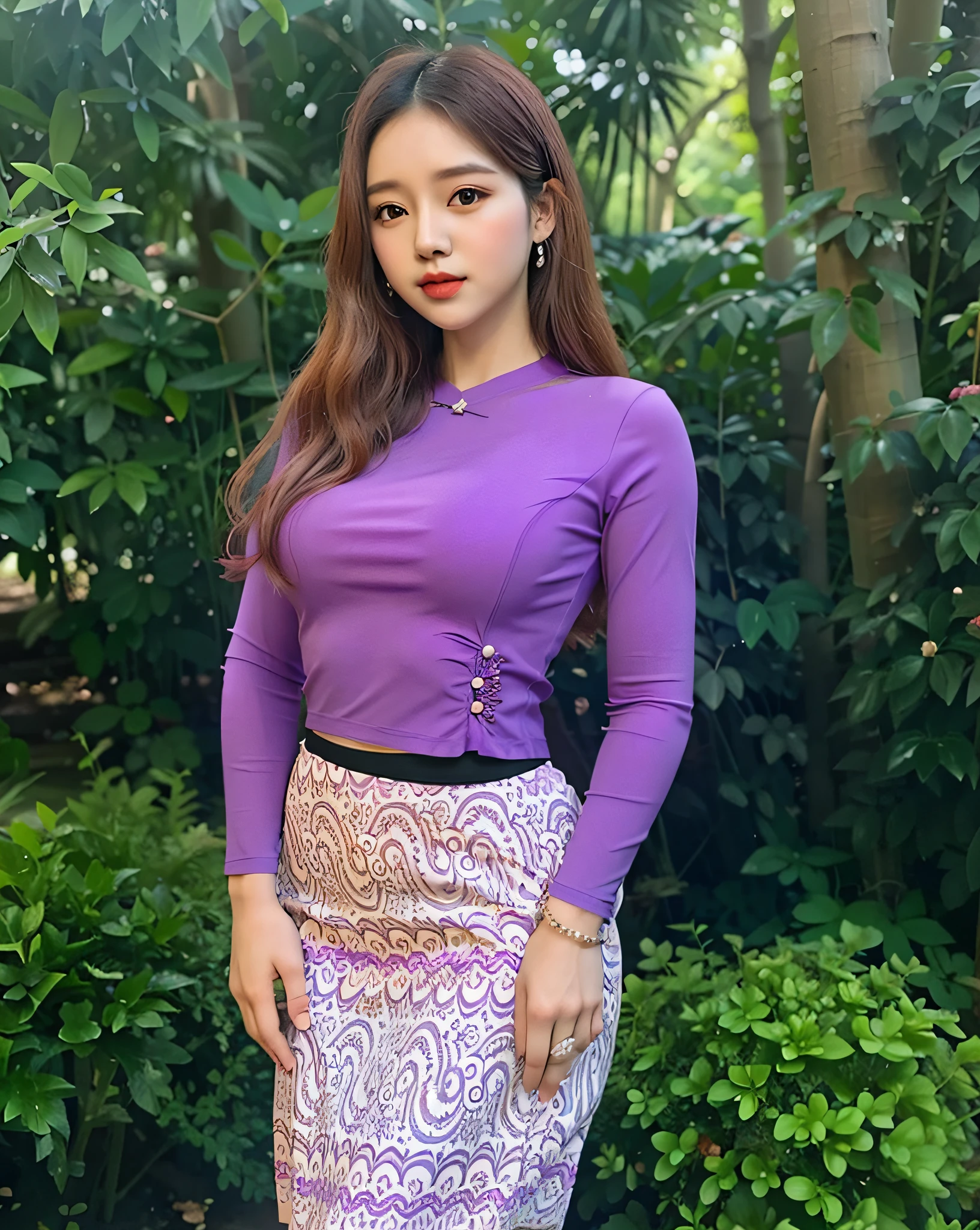 a woman in a purple top and a white skirt posing for a picture, purple top, purple outfit, nivanh chanthara, in style of lam manh, mai anh tran, in style of thawan duchanee, sukhothai costume, dang my linh, wearing a sexy cropped top, dressed in purple, wonderful masterpiece