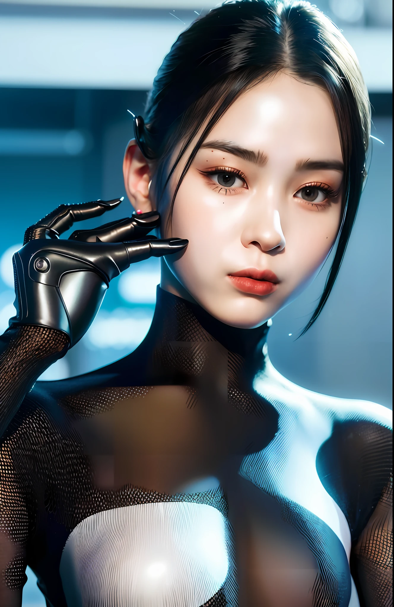 complex 3d render android face ultra detailed beautiful china profile woman, cyborg, robot part, 150 mm, beautiful studio soft light, edge light, vivid detail, fancy cyberpunk, lace, hyperrealistic, anatomy, facial muscles, electric wires, microchips, elegant, beautiful background, octane render, HR Giger style, 8k, top quality, masterpiece, illustration, smooth and beautiful, highly detailed, CG, unity, wallpaper, (realistic, photo-realistic: 1.37), excellent, detail refined, masterpiece, top quality, official art, highly detailed, absurd CG unity 8k wallpaper, absurd, robot, silver halmet, full body, sitting