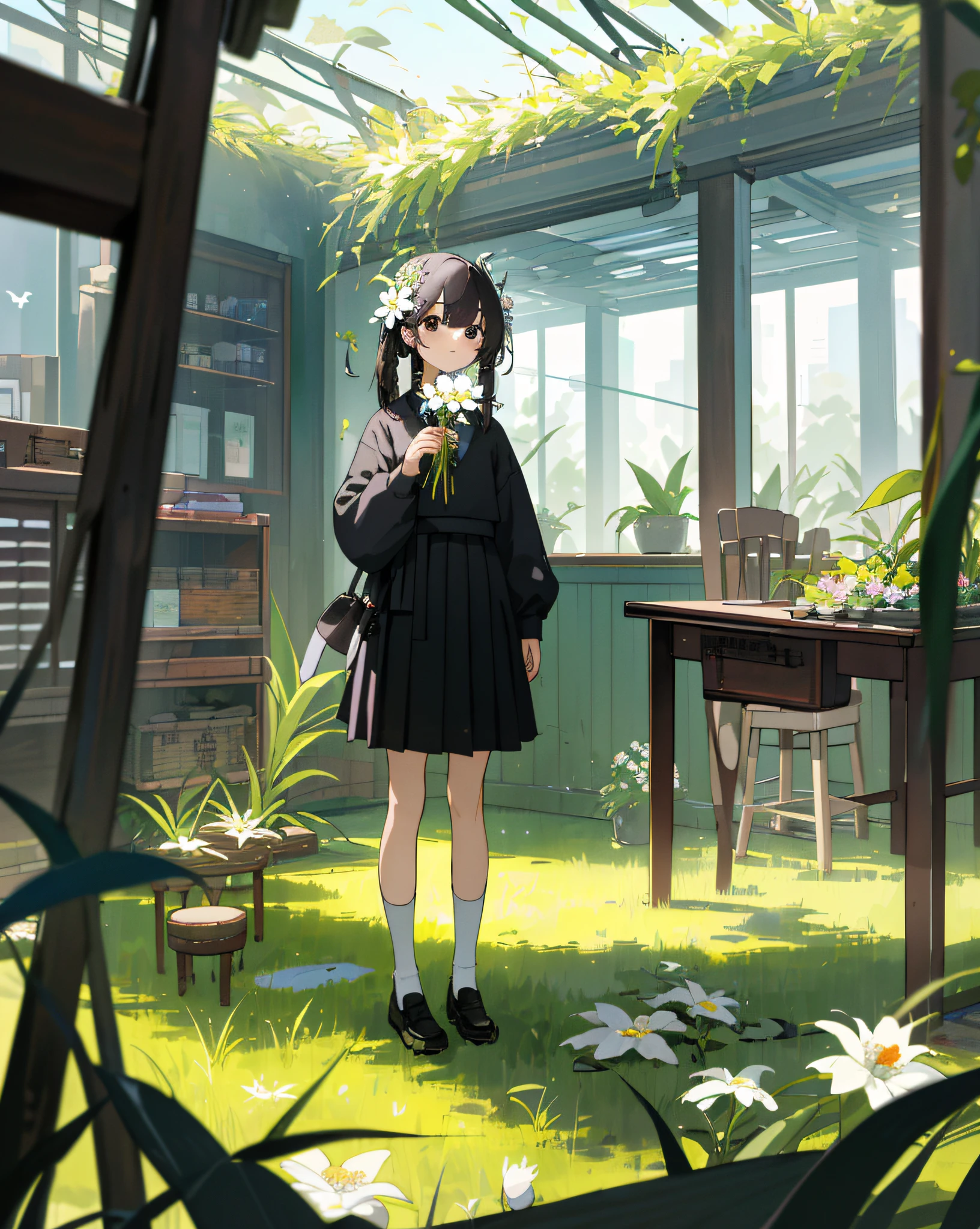 ((masterpiece,best quality)), (1 girl), indoors, grass, plant, flower, tree, abandoned, stand, table, order, birds, black hair, hair flower, black eyes, socks, holding flower（（杰作，最好的质量）），（1个女孩）