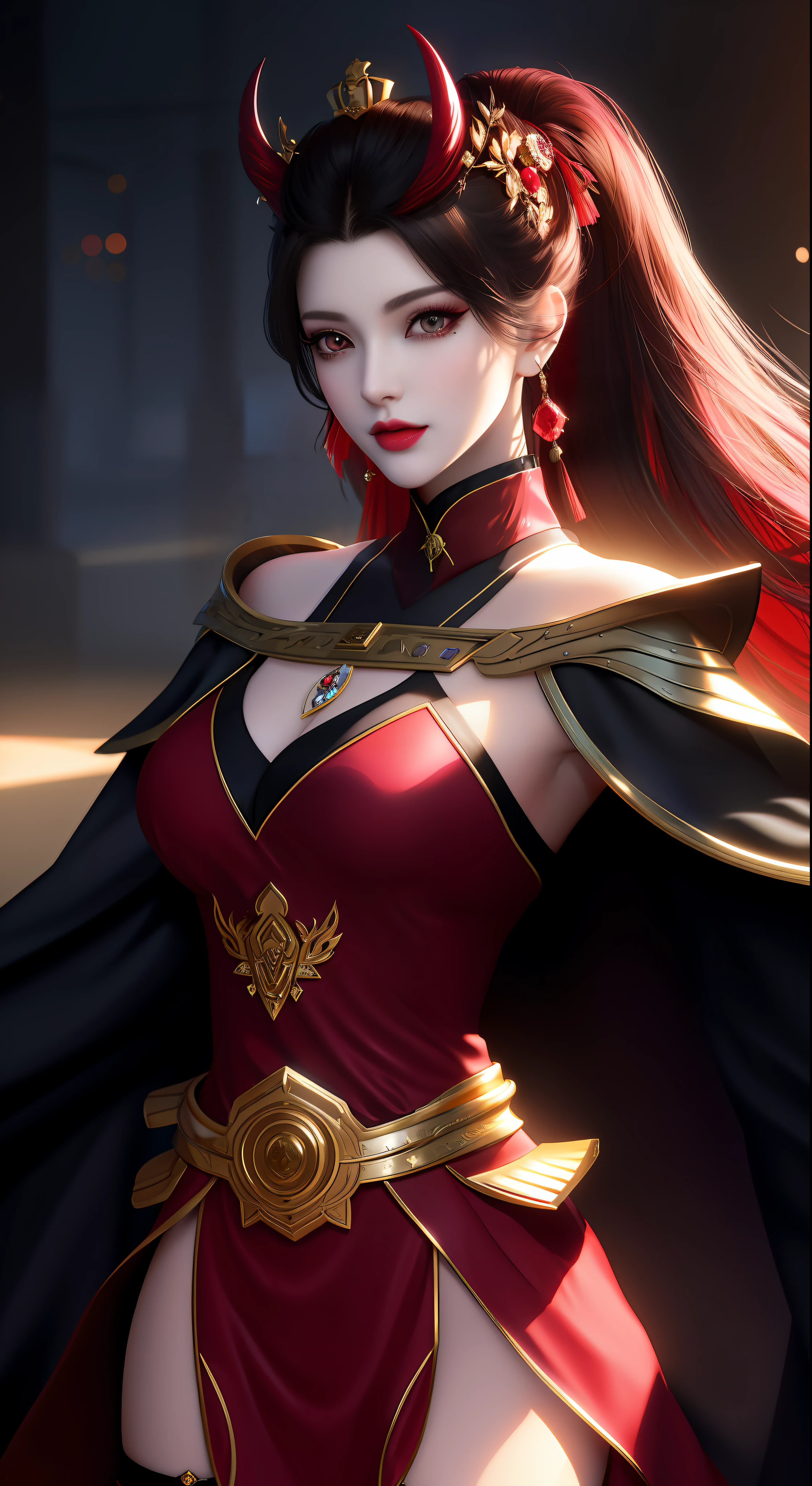 best quality, masterpiece, highres, 1girl, hanfu, white and even teeth, chinese underwear, hair ornaments, necklace, jewelry, crown jewelry. Pretty face, upper body, magic import style, tyndall effect, photorealistic, dark studio, border light, two tone light, (high detail skin: 1.2), 8k uhd, dslr, soft light, high quality, volumetric light, candid, Photo, high resolution, 4k, 8k, Bokeh, (light pink lips), 1 beautiful demon from hell, In the Dark: 1.6), surreal female portraits by David Hockney and Alphonse Mucha, fantasy art, photorealism, dynamic lighting, station art, posters, volumetric lighting, highly detailed faces, super 8k, Awarded, in the dark, deep shadow, low light, cowboy lens, (Red phoenix dress: 1.4), long hair, black hair, bust, palace luxury, Royal style, crown devil, red eyes with very sharp and detailed makeup, Best face, Very big and round and round breasts, Surreal, chinese women's clothes, turtleneck polo shirt, charming smile, Beautiful eyes makeup, guweiz, devil style, black mesh stockings, ponytail with a bow at the back, dark red lips, Devil tattoo on shoulder, wearing a thin red and black shirt , cape, overcast and thundering landscape, (Portrait), Protagonist Close-up, (Background detail 1.8),