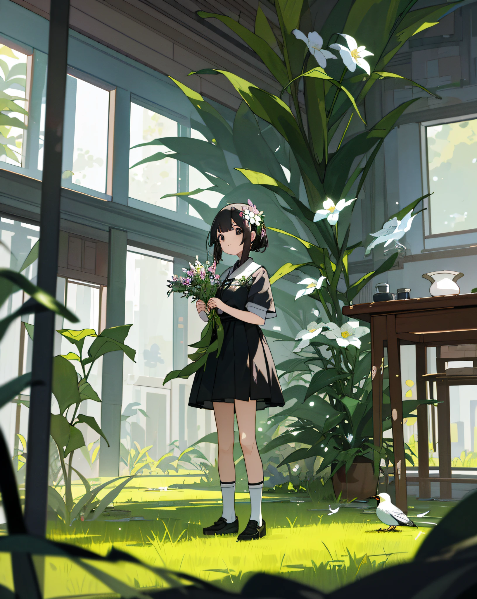 ((masterpiece,best quality)), (1 girl), indoors, grass, plant, flower, tree, abandoned, stand, table, order, birds, black hair, hair flower, black eyes, socks, holding flower((杰作,最好的质量)),(1个女孩)