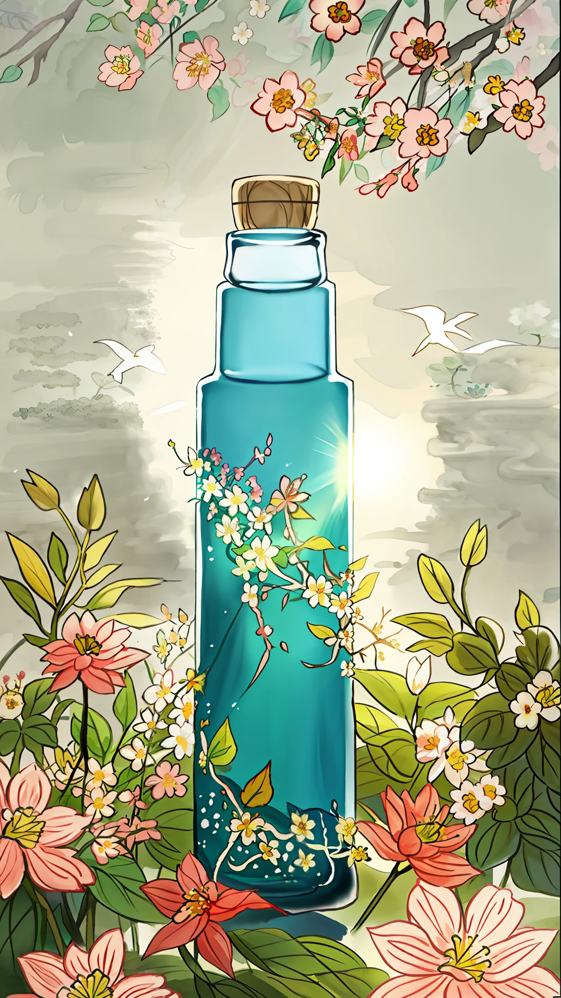 A bottle, the body of the bottle is crawling with flower vines, surrounded by flowers, flowers, colors, vitality, beauty, contrast, nature, life force, sunlight. Beautiful atmosphere, harmonious and comfortable integration