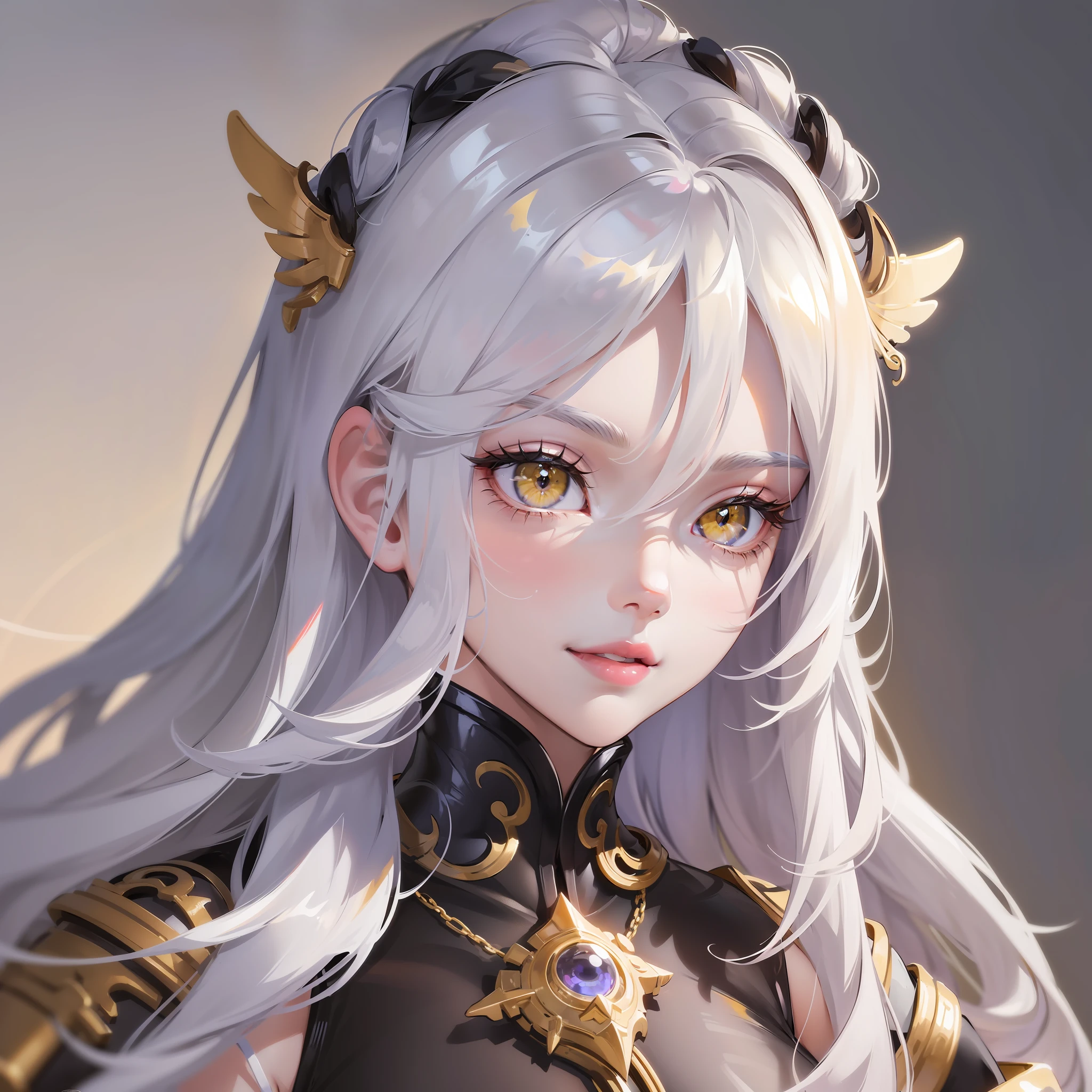 Masterpiece, Excellent, Girly, Young, Cute, Long White Hair, Immature, Underage, Yellow Eyes, Angel, Fine Eyes and Face Portrayals, Ruddy Lips, Long Eyelashes, Portrait, Upper Body, Cute Smile, 8K, Frontal Light, Face Glow, Face Without Shadow, Greeting Light,