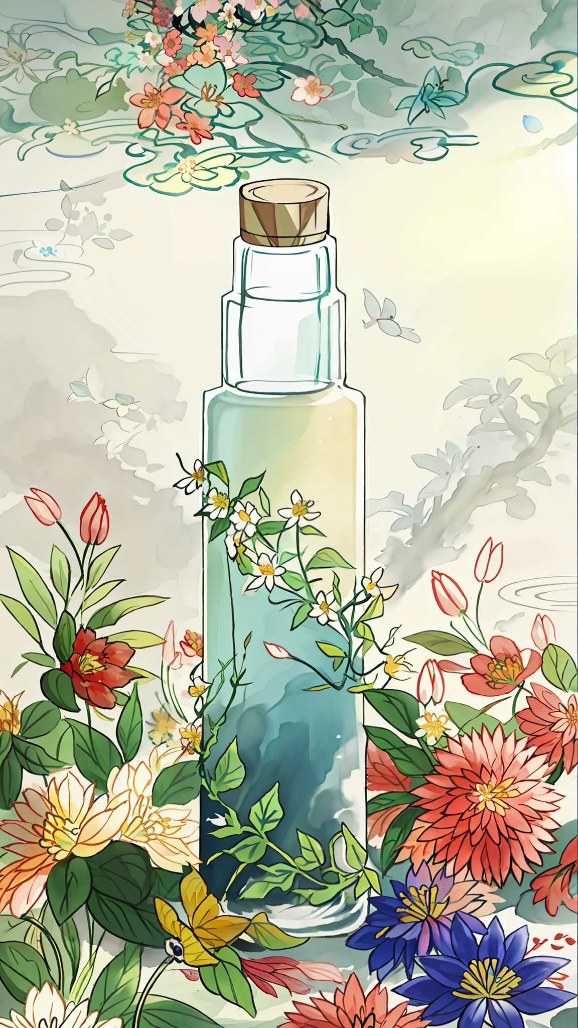 A bottle, the body of the bottle is crawling with flower vines, surrounded by flowers, flowers, colors, vitality, beauty, contrast, nature, life force, sunlight. Beautiful atmosphere, harmonious and comfortable integration
