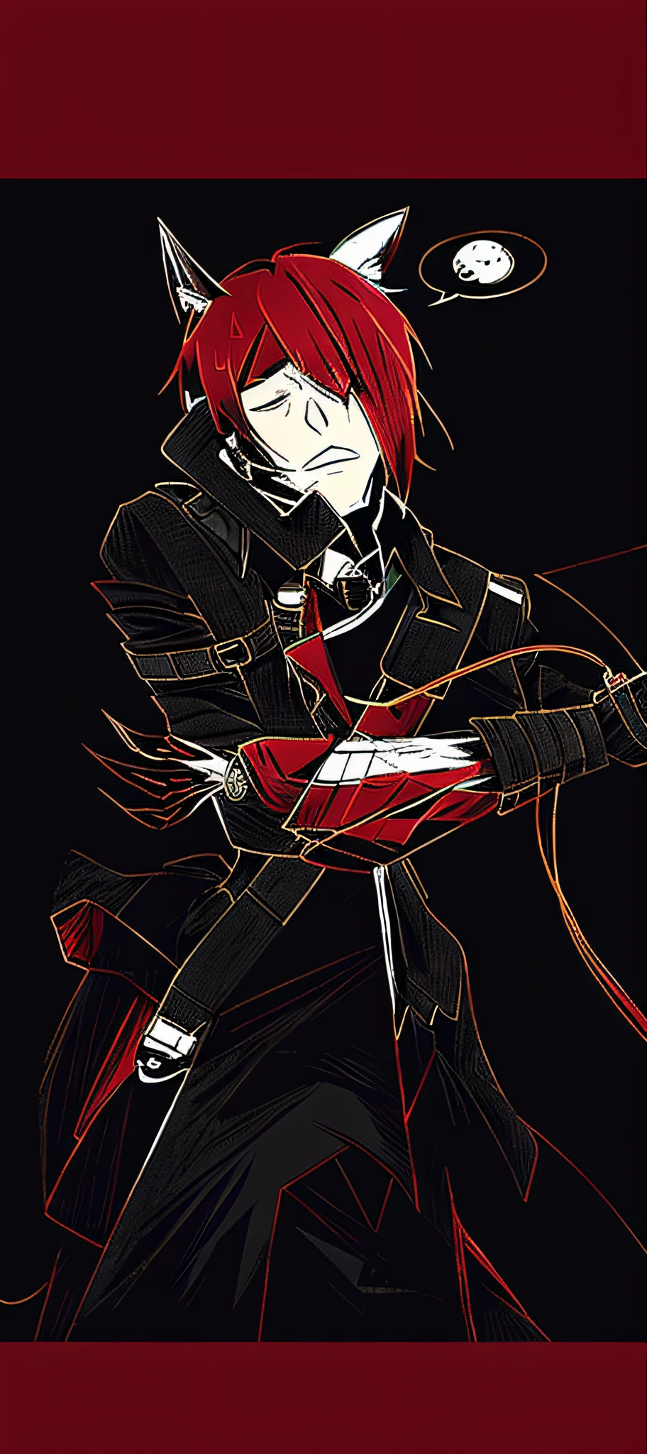 Man with phone between head and shoulders, red hair, cat ears, black trench coat, eyes closed, frowning, crossbody bag, sweating