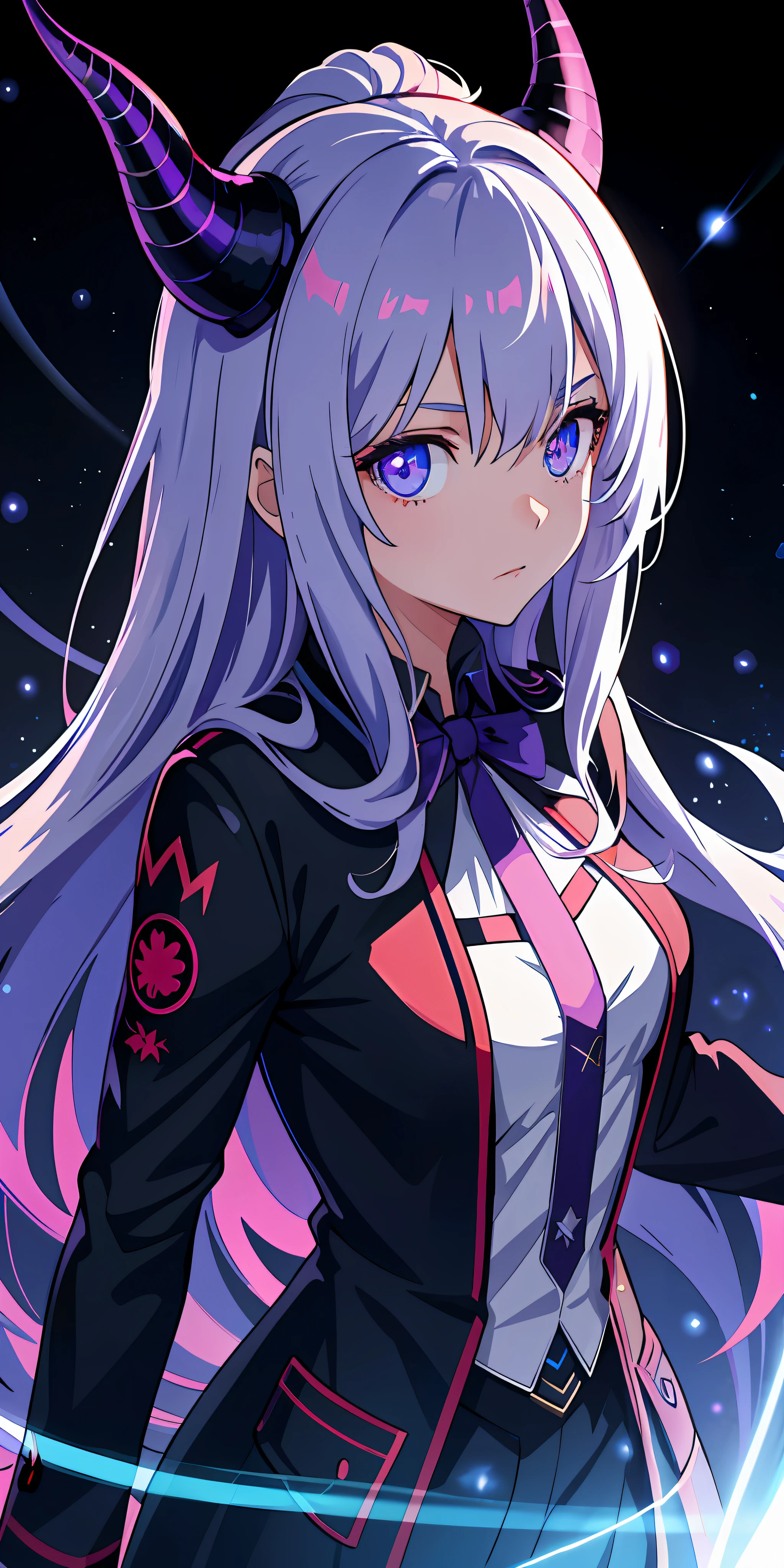 1girl, , horn, colorful eyes, glowing, blue eyes, purple eyes, , demon eyes, magic circle, light particles, rays, wallpaper,