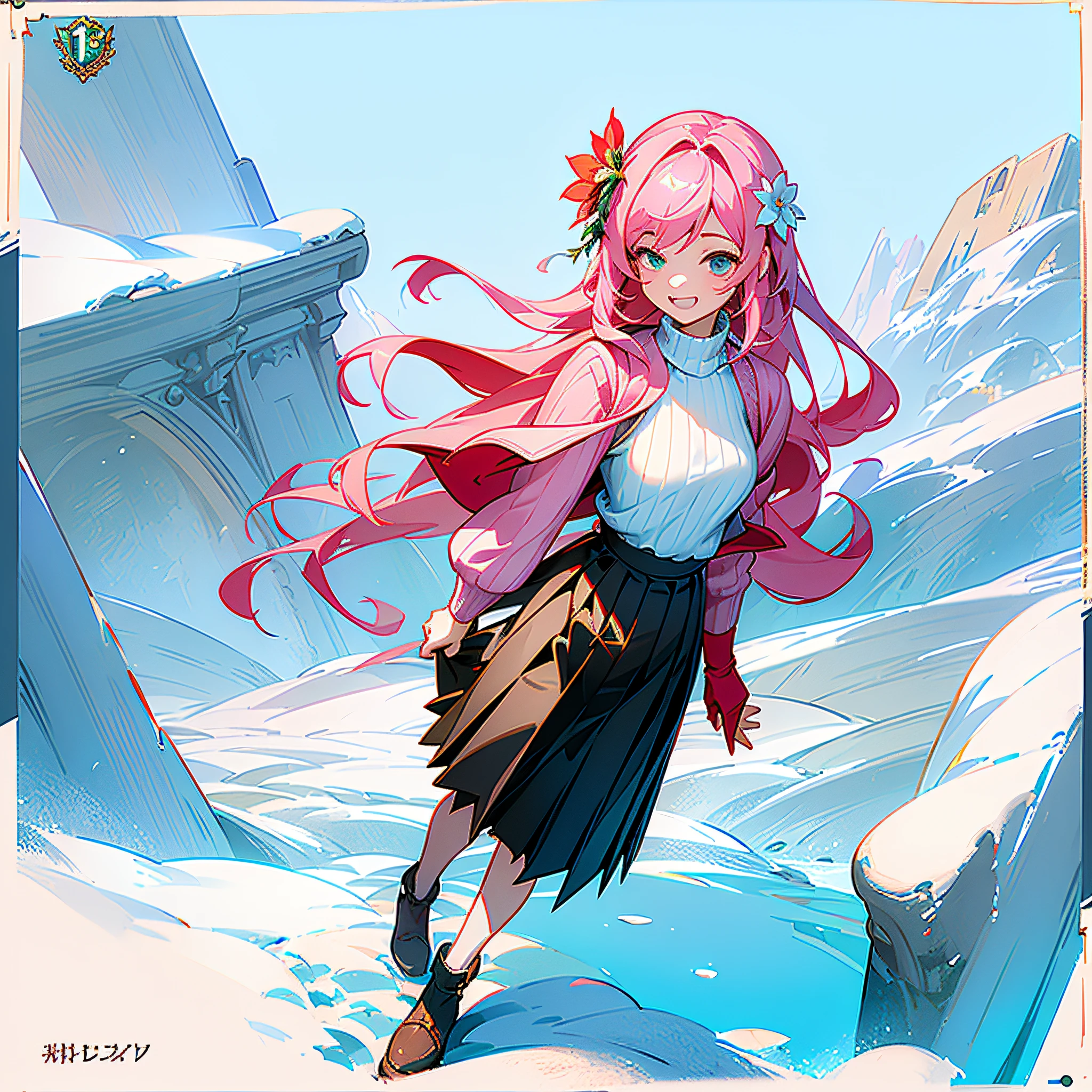 (masterpiece:1.3), (the best quality:1.2), (super fine illustrations:1.2), (Masterpiece), high quality, high detail, dappled sunlight, divine light, (SOLO:1.4), ((round image)), masterpiece, best quality, extremely detailed, detailed, light novel cover art, highres, [(white background:1.5)::5], [(game character portrait:1.5):5], [(europe:1.3):5], [(river): 1.5:5], town, snow, car, crowd, ((snowy mountain)), skyscraper, willow, manhole cover, (1 female), (solo), swimming, shyly laughing, squinting, (full body: 1.3), pink hair, (ribbed sweater: 1.2), pleated skirt, long hair, looking at the audience, (hair flowers: 1.3), gemstone decoration,