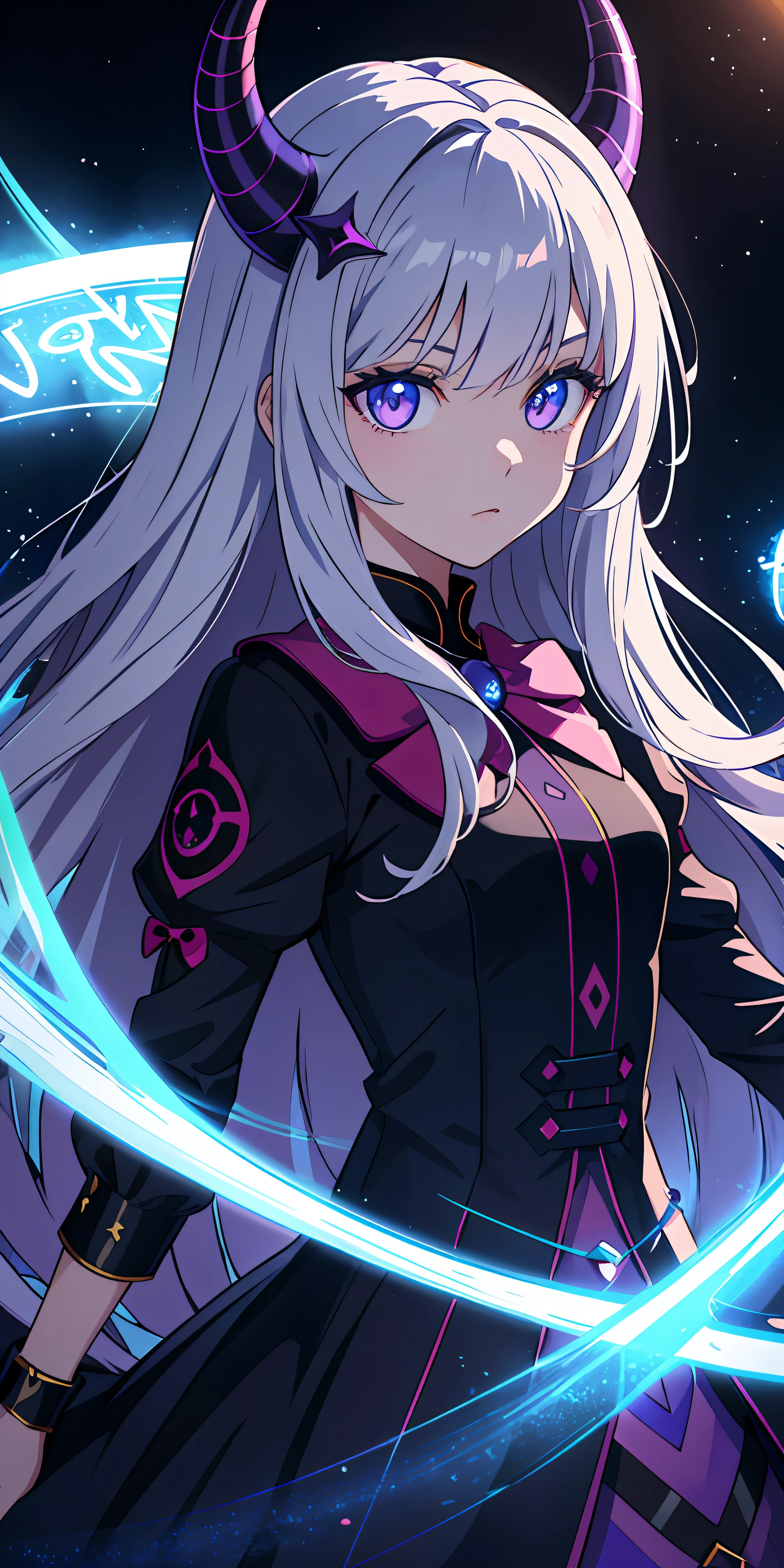 1girl, , horn, colorful eyes, glowing, blue eyes, purple eyes, , demon eyes, magic circle, light particles, rays, wallpaper,