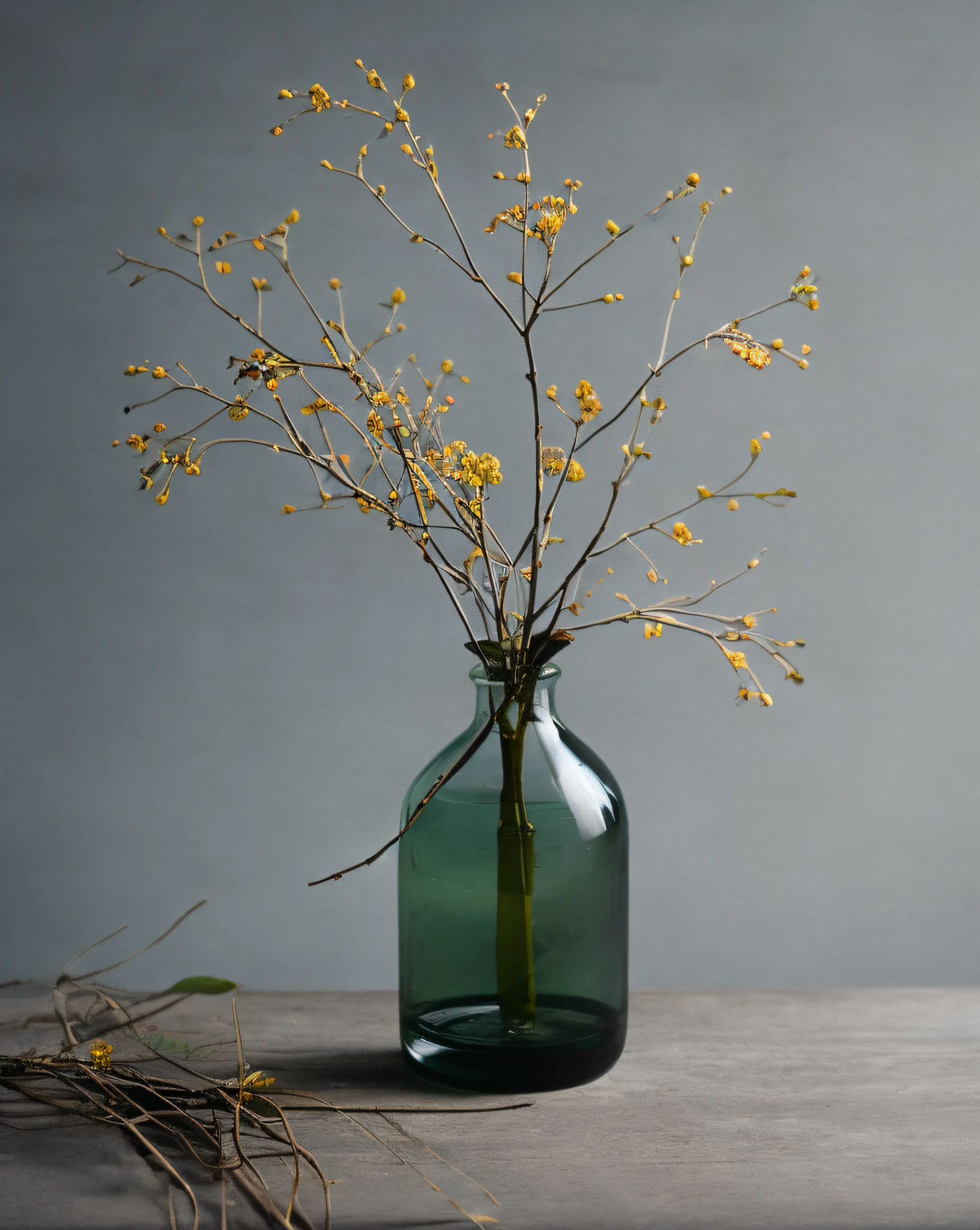 Glass bottle, twigs, small flowers, gray background, wooden table, Tyndall effect, simple image of a dark fantasy film of the 1970s, haze, halo, bloom, dramatic atmosphere, centered, rule of thirds