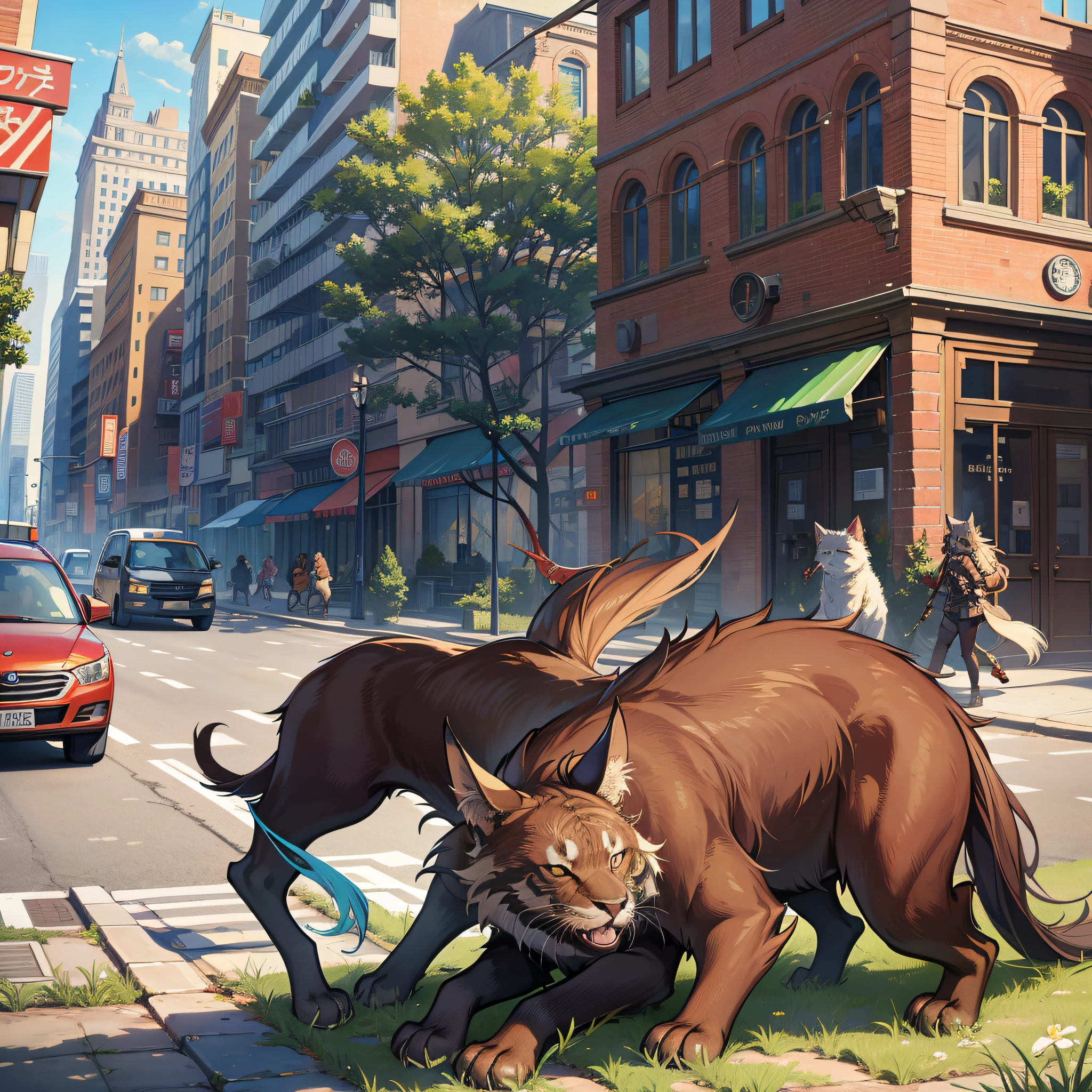 Many beasts, biting prey, city street background, city in tatters, walls full (plants, trees)