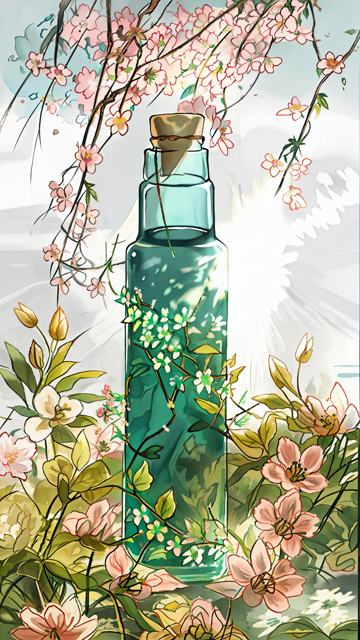 A bottle, the body of the bottle is crawling with flower vines, surrounded by flowers, flowers, colors, vitality, beauty, contrast, nature, life force, sunlight. Beautiful atmosphere, harmonious and comfortable integration