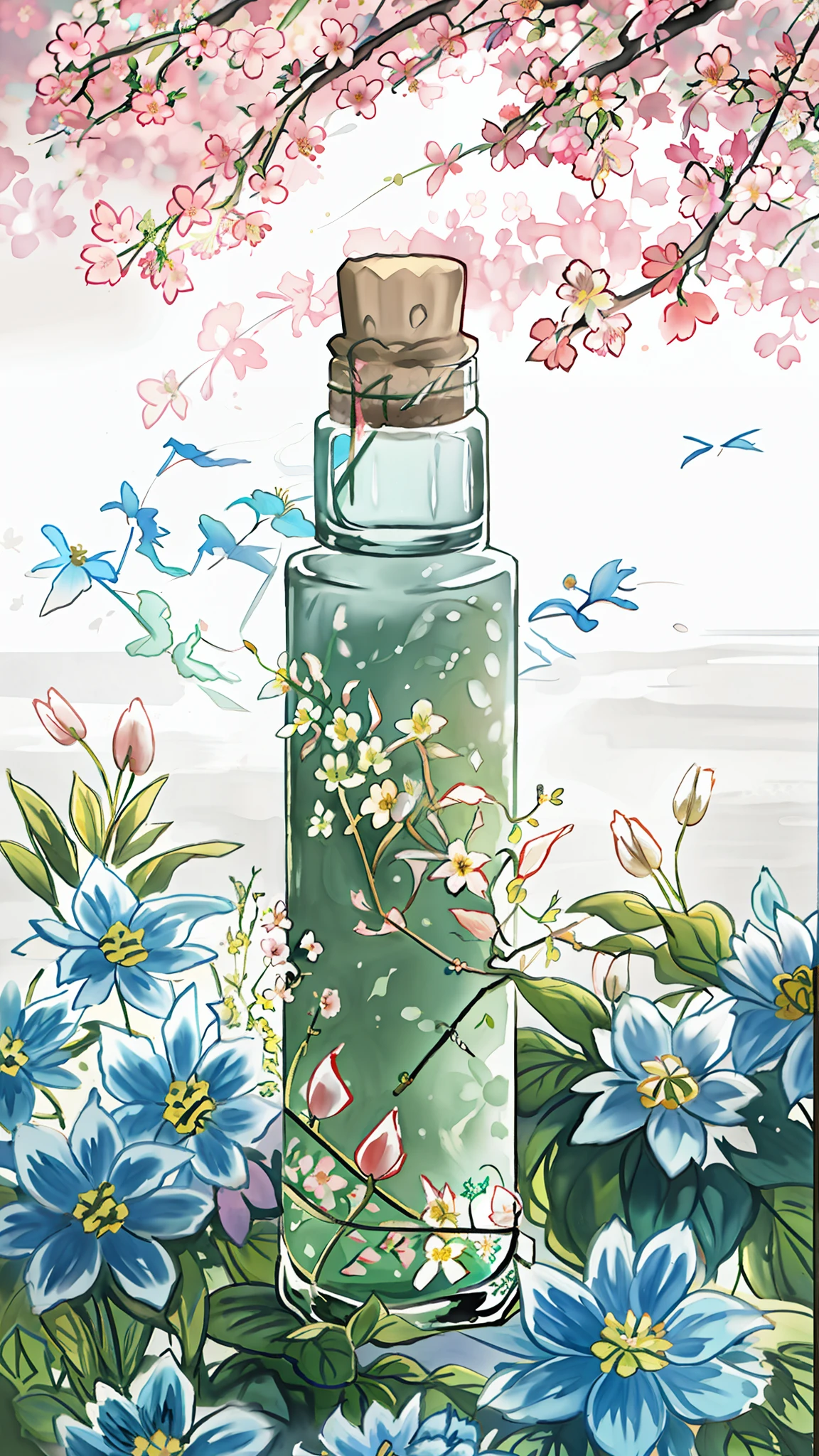 A bottle, the body of the bottle is crawling with flower vines, surrounded by flowers, flowers, colors, vitality, beauty, contrast, nature, life force, sunlight. Beautiful atmosphere, harmonious and comfortable integration