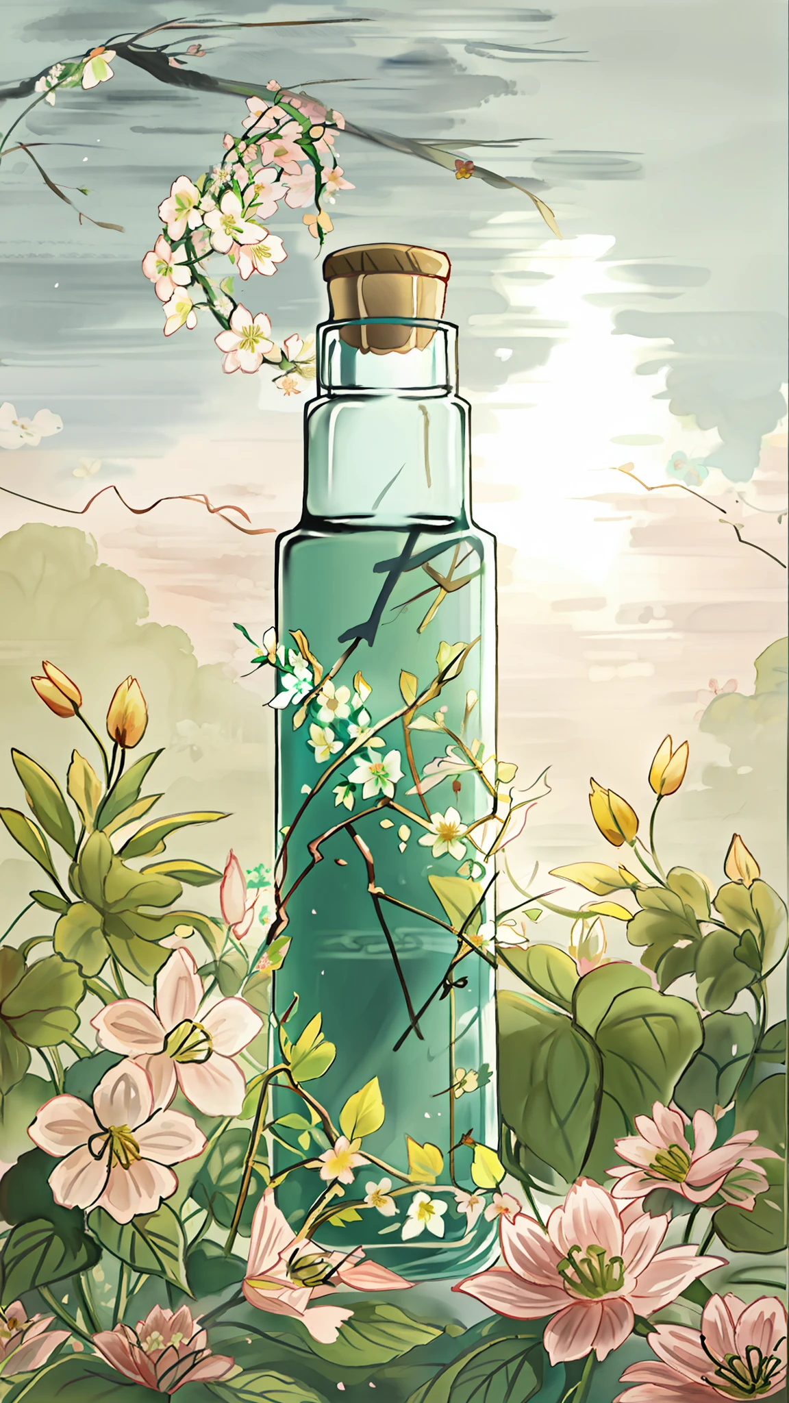 A bottle, the body of the bottle is crawling with flower vines, surrounded by flowers, flowers, colors, vitality, beauty, contrast, nature, life force, sunlight. Beautiful atmosphere, harmonious and comfortable integration