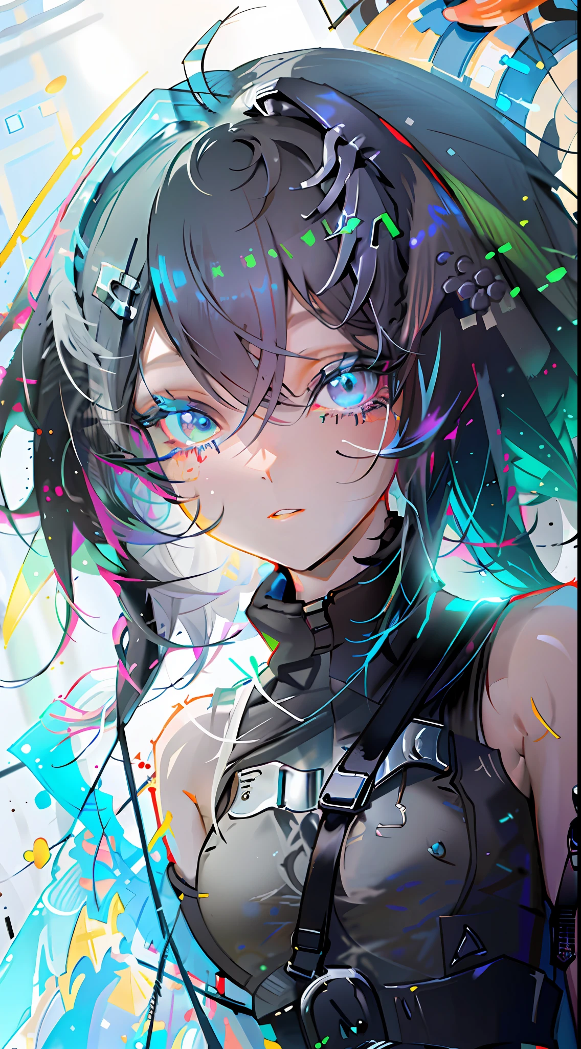 {{masterpiece}}, best quality, extremely detailed CG unity 8k wallpaper, cinematic lighting, lens flare, beautiful detail eyes, black, side glance, multicolor hair, colorful light, particles, heterochromia, (colorful:1.5), (colorful hair:1.5),