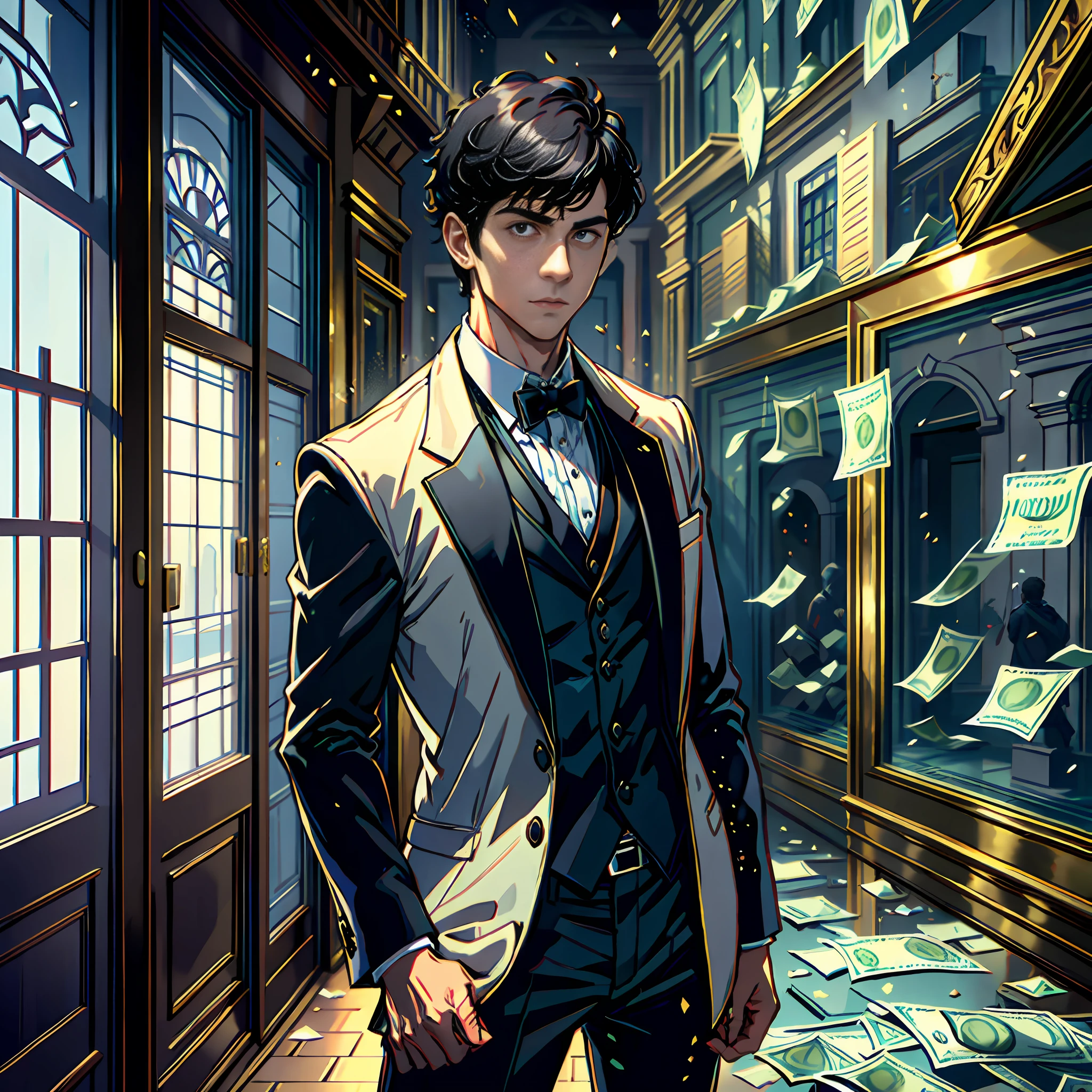 A handsome boy with short black hair, holding a lot of money in his hand, standing in front of the villa, money falling around, super high detail, highly real, UHD, chiaroscuro