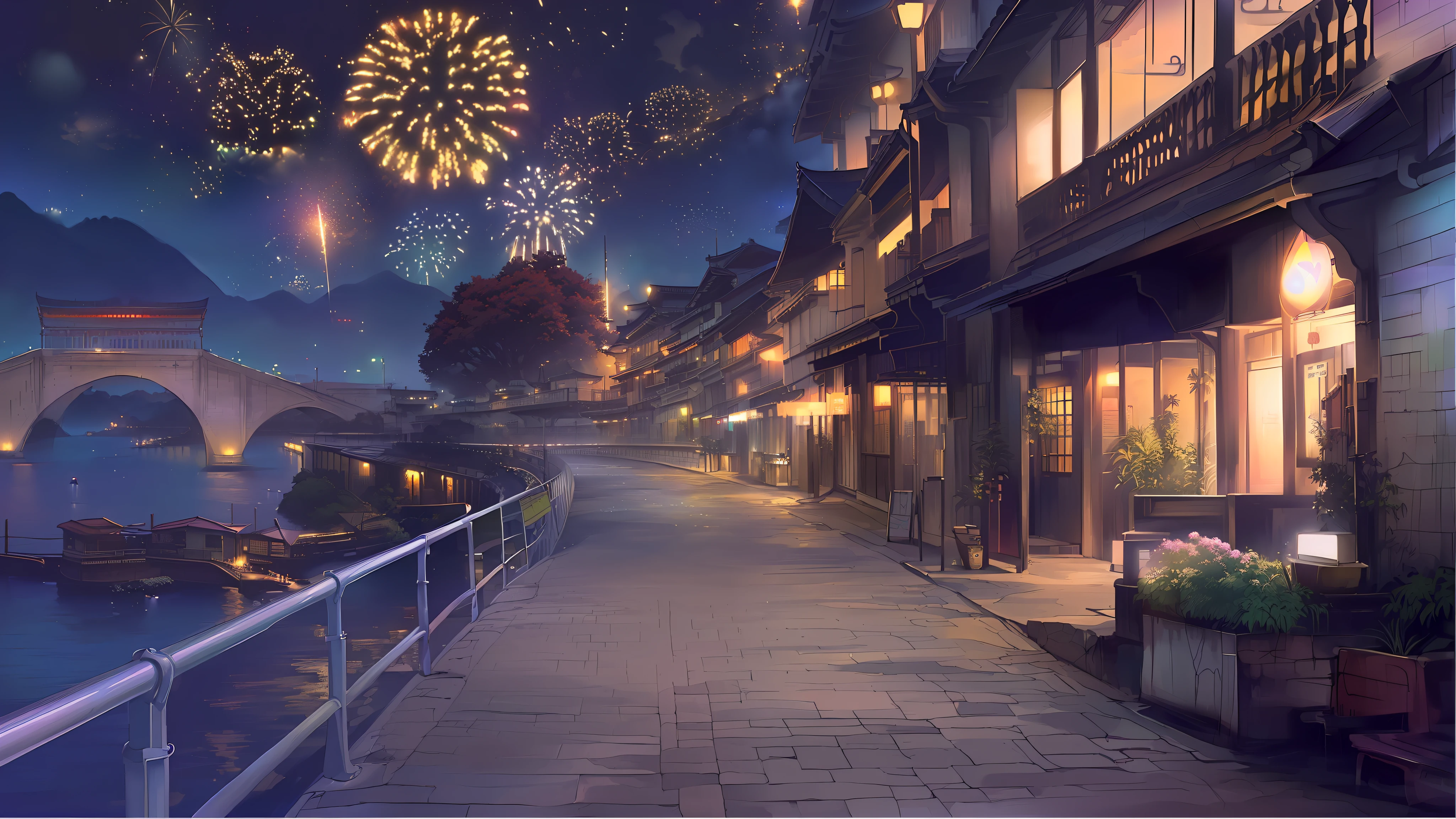 Fireworks lit on rivers and bridges, anime landscape concept art, Makoto Shinkai. —H 2160, (Makoto Shinkai), Rio de Janeiro in the animated film, a street in a bustling Chinese scenic area. --auto --s2