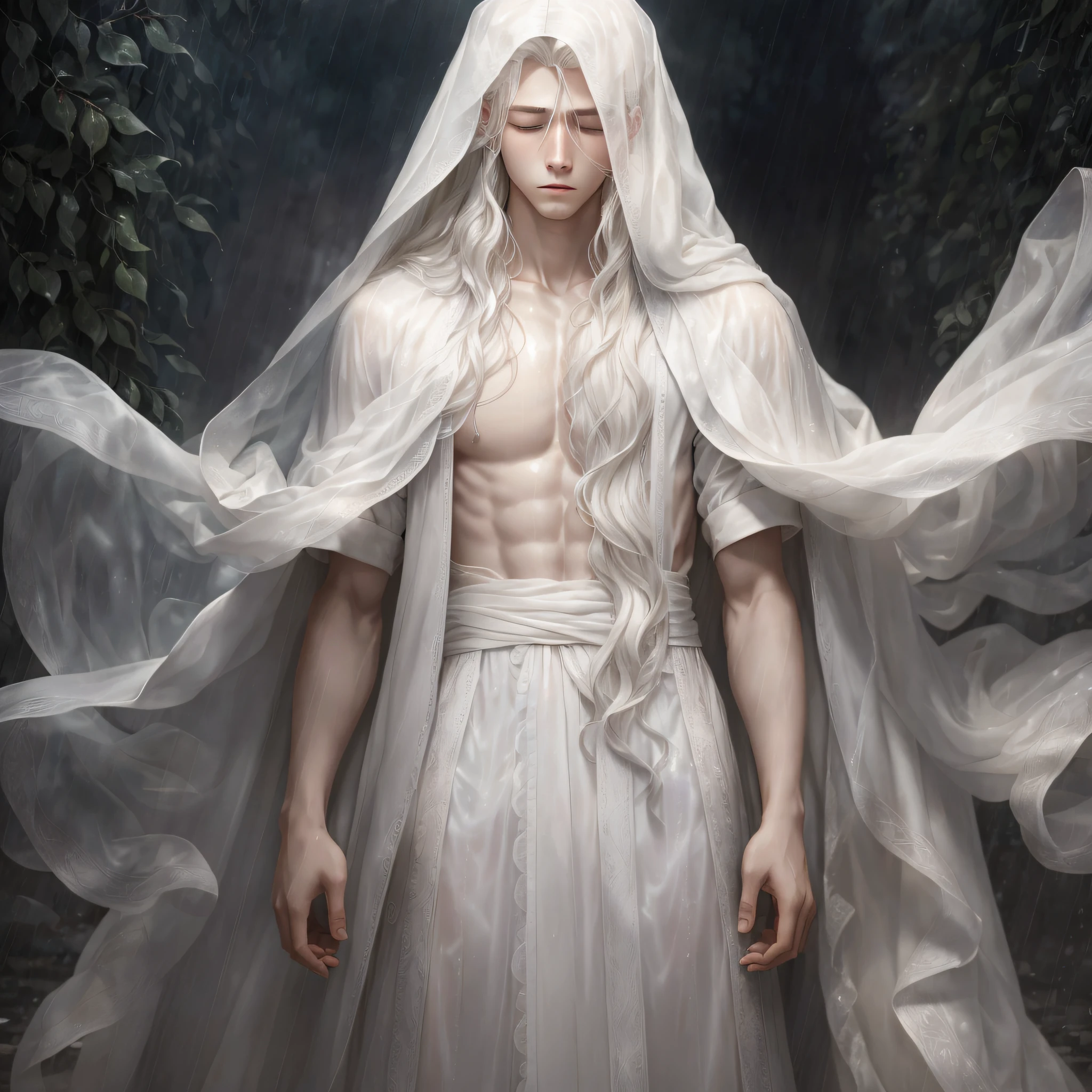 An 18-year-old man, delicate face, long white hair, white shirt, translucent, eyes closed, dark, standing in heavy rain, full body portrait, delicate lighting, textured skin --auto --s2