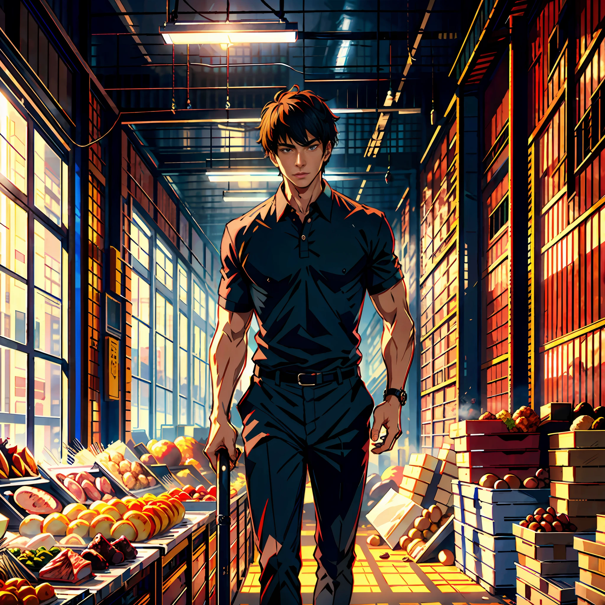 A handsome boy with short black hair, in a huge warehouse, piled with meat, highly real, UHD, chiaroscuro, super high detail
