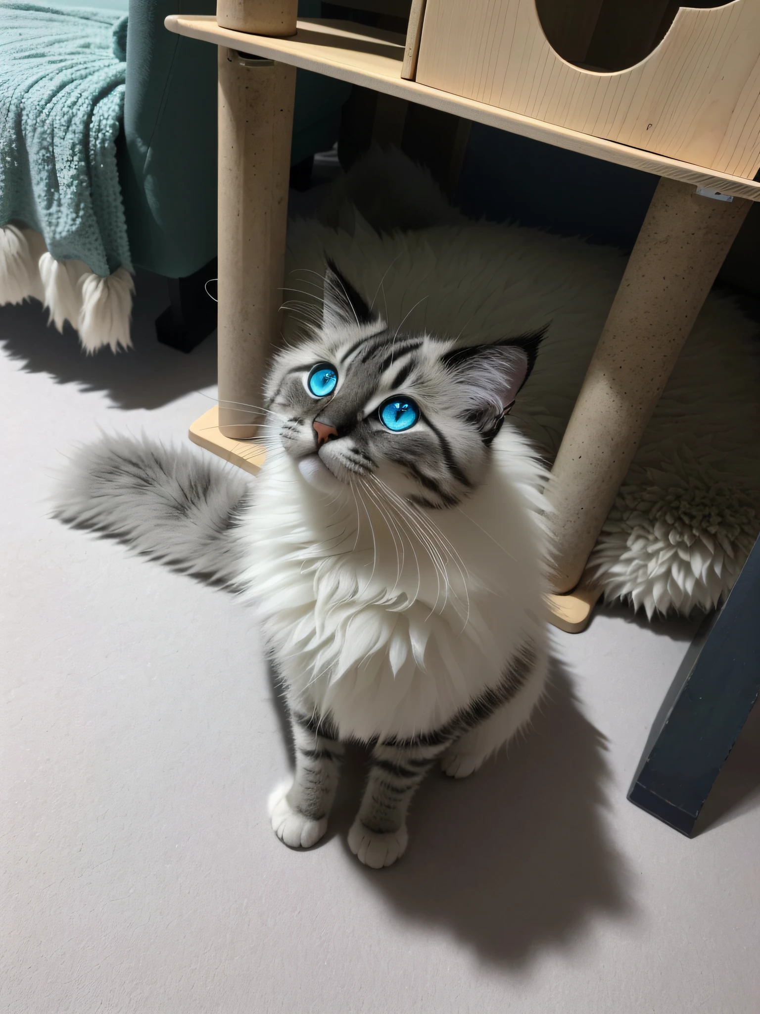 A cute kitten made of metal, sitting on the floor and looking up, looking away proudly, puppet cat, (cyborg: 1.1), ([tail | detailed wire]:1.3), (intricate details), hdr, (intricate detailed: 1.2), cinematic lens, vignette, centered, azure eyes, light blue big eyes! , looking confused, away from the lens, blue fur and blue eyes, looking straight into the lens