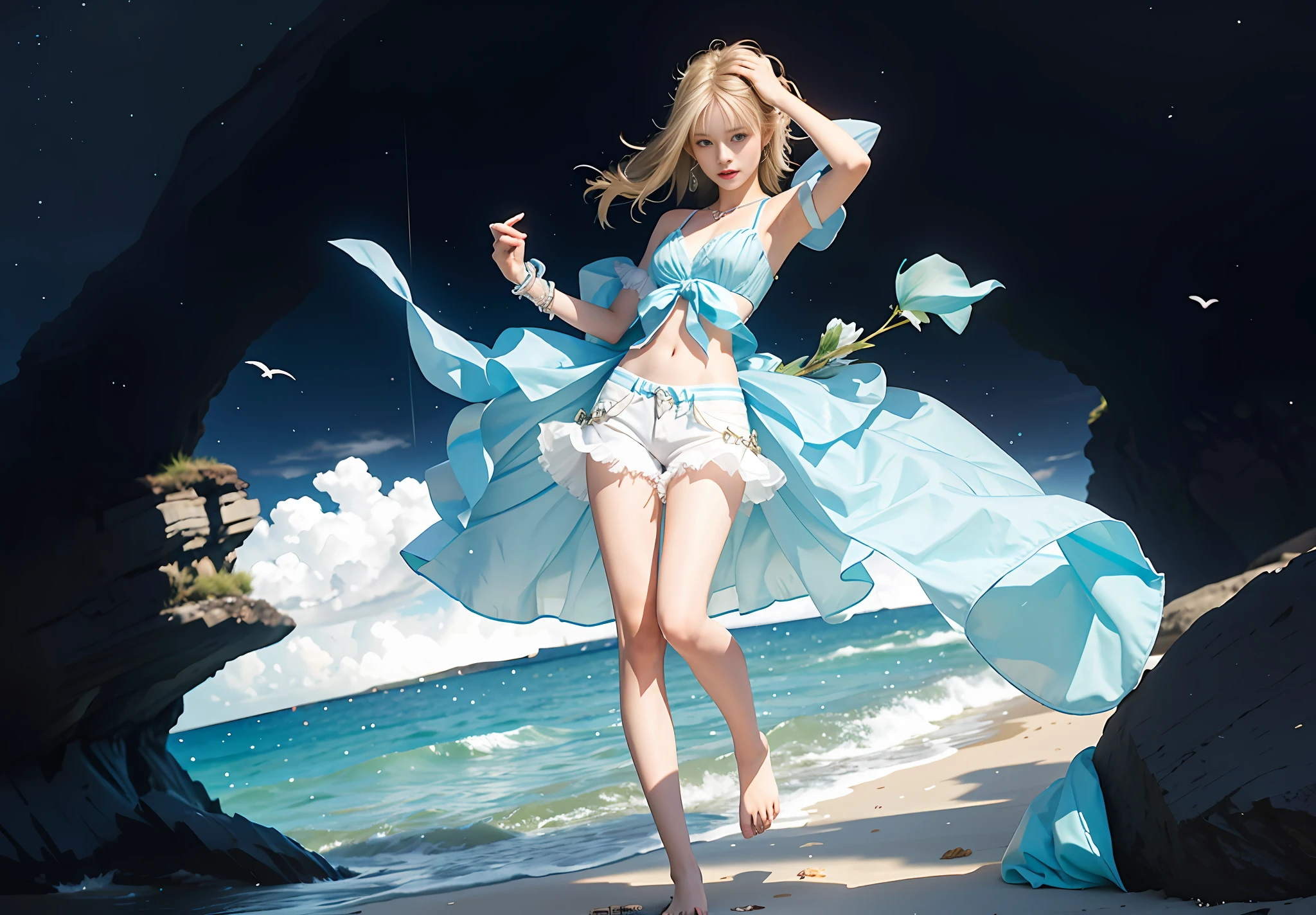 Blue dress, fairy dress, cool clothes, 1 girl, 18 years old, on the beach, blonde hair, slim figure, smaller bust, white shorts, beautiful light, background for the sea,