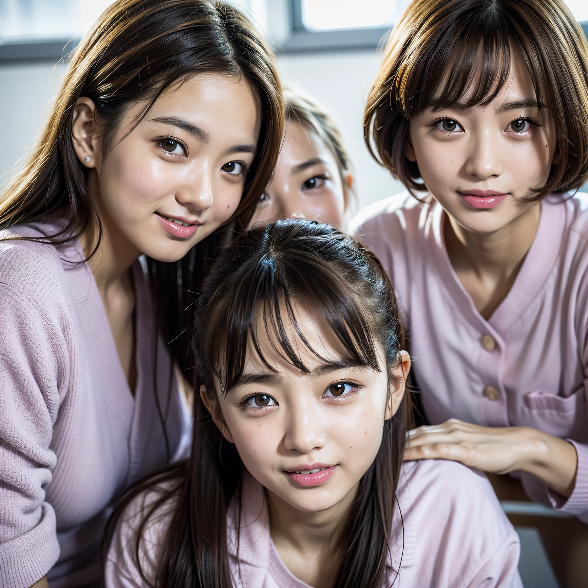 3 girls, (happy smile, open mouth: 1.1), 8k, RAW portrait of Japan girls, 80mm, ultra high resolution, top quality, break (nurse uniform: 1.1), (looking down at the viewer from below), big, hospital room, bed, sitting on bed, break (natural skin texture, detailed skin, hyper-realism, super sharpness), intricate details, high resolution, natural light,