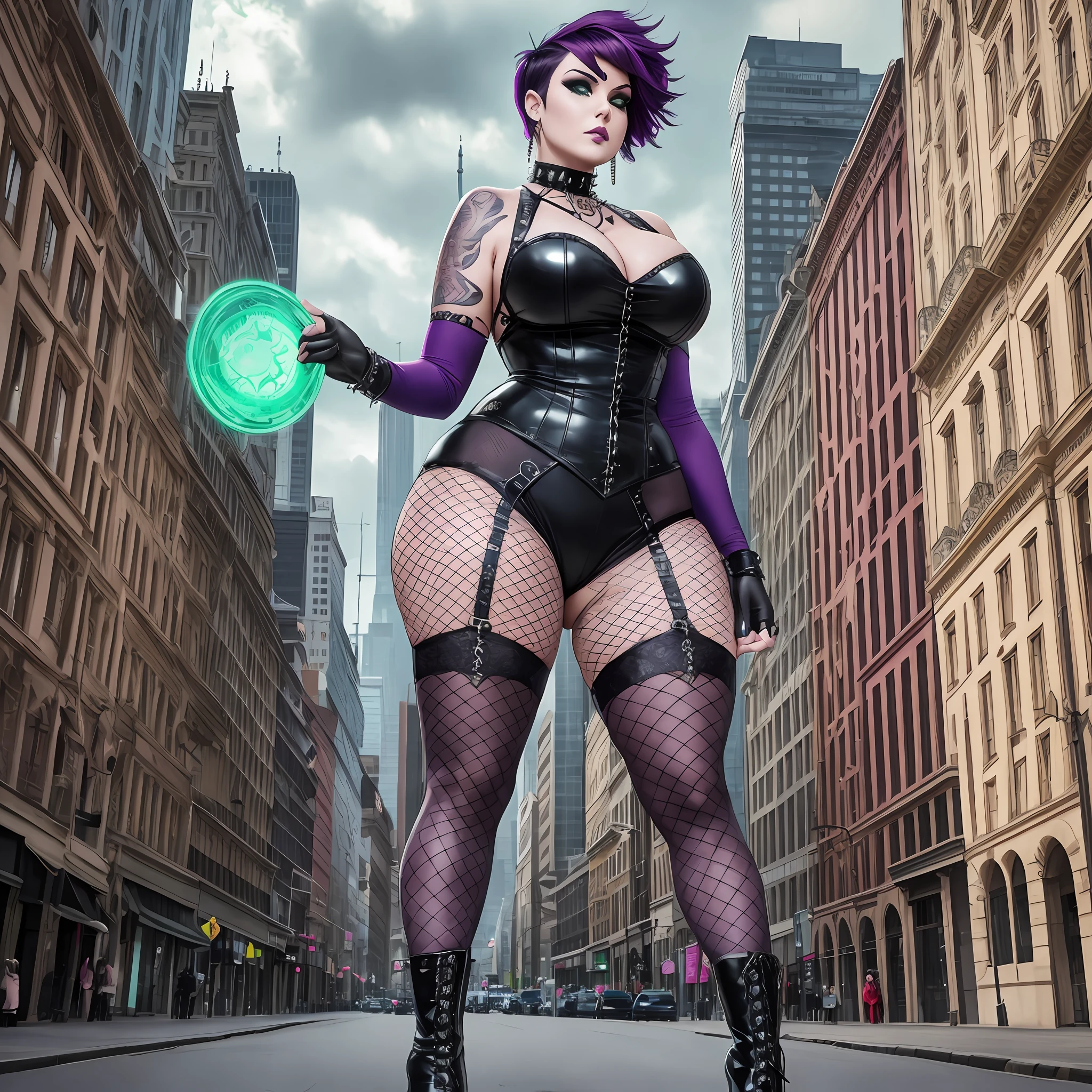 Plus_size, woman, curvy, super_villain, short_purple_hair, pixie_haircut, big_green_eyes, gothic_makeup, gothic_lolita_dress, fishnet_tights, black_boots, spiked_collar, tattoos, piercings, septum_ring, mysterious, ominous_city_background, --auto --s2