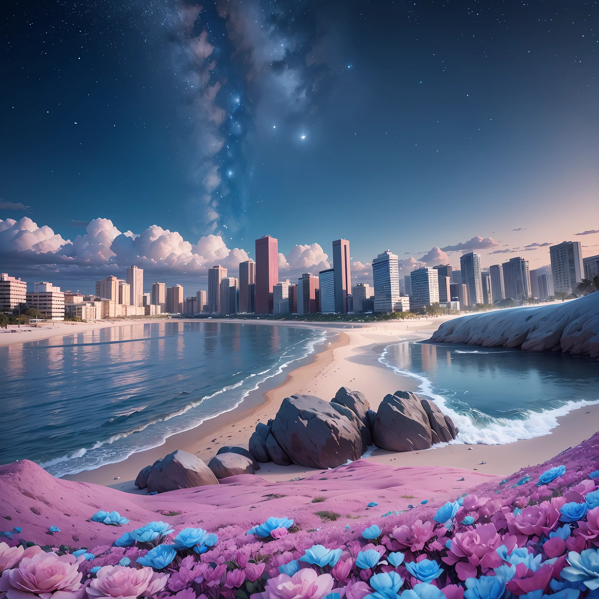 The picture is transparent, a large silvery white crescent is sprinkled on the sand accompanied by the Milky Way stars, there are many pink and blue roses floating on the sand, pink and blue roses floating on the sea a beach in the shape of a heart, glowing creatures, Silver,Unreal Engine, Ultra Wide,4K HD, HD --ar 9:16 --auto --s2