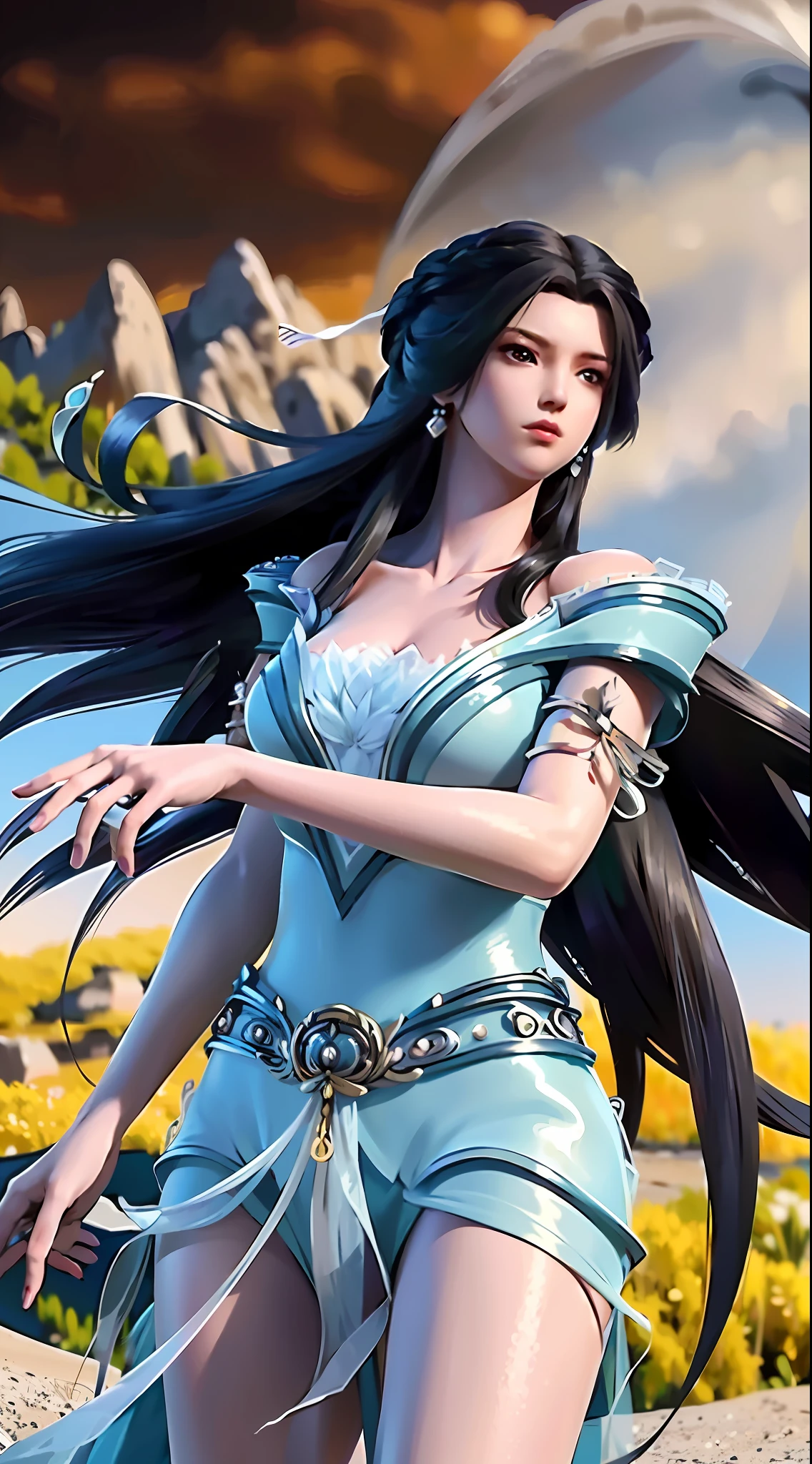 masterpiece,best quality,1girl, black hair, bare shoulders, long hair, dress,cowboy shot, dynamic pose, dynamic angle,