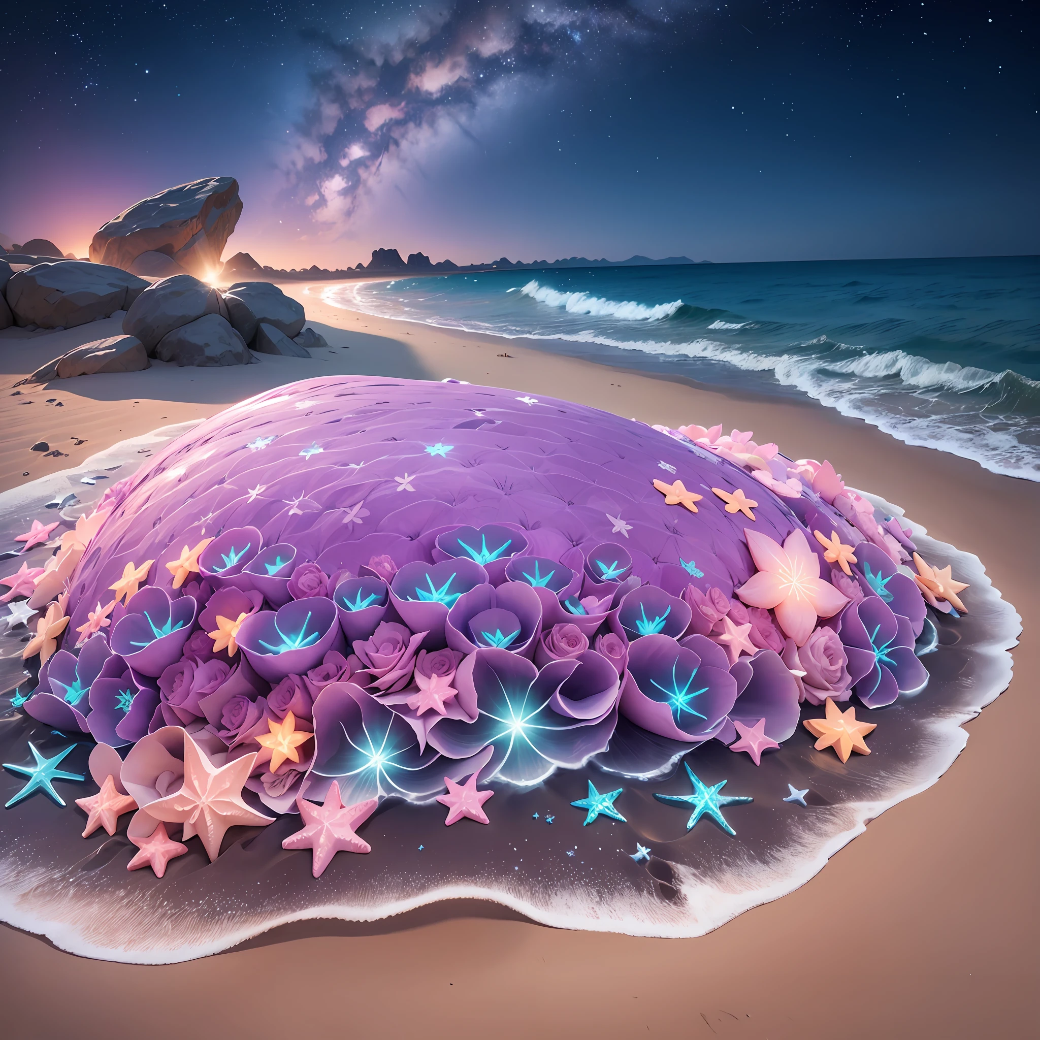 The picture is transparent, a large silvery white crescent is sprinkled on the sand accompanied by the Milky Way stars, there are many pink and blue roses floating on the sand, pink and blue roses floating on the sea a beach in the shape of a heart, glowing creatures, Silver,Unreal Engine, Ultra Wide,4K HD, HD --ar 9:16 --auto --s2