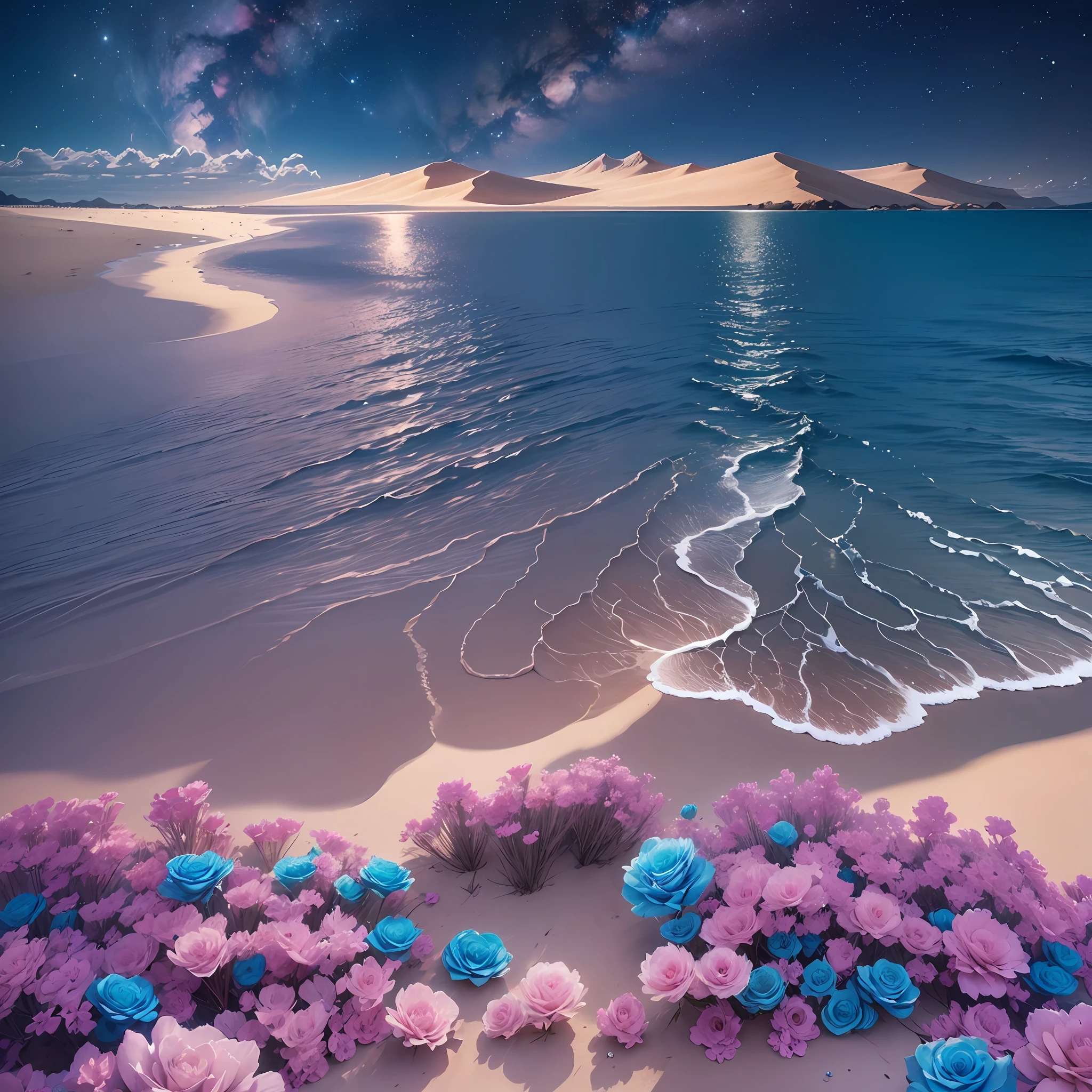 The picture is transparent, a large silvery white crescent is sprinkled on the sand accompanied by the Milky Way stars, there are many pink and blue roses floating on the sand, pink and blue roses floating on the sea a beach in the shape of a heart, glowing creatures, Silver,Unreal Engine, Ultra Wide,4K HD, HD --ar 9:16 --auto --s2