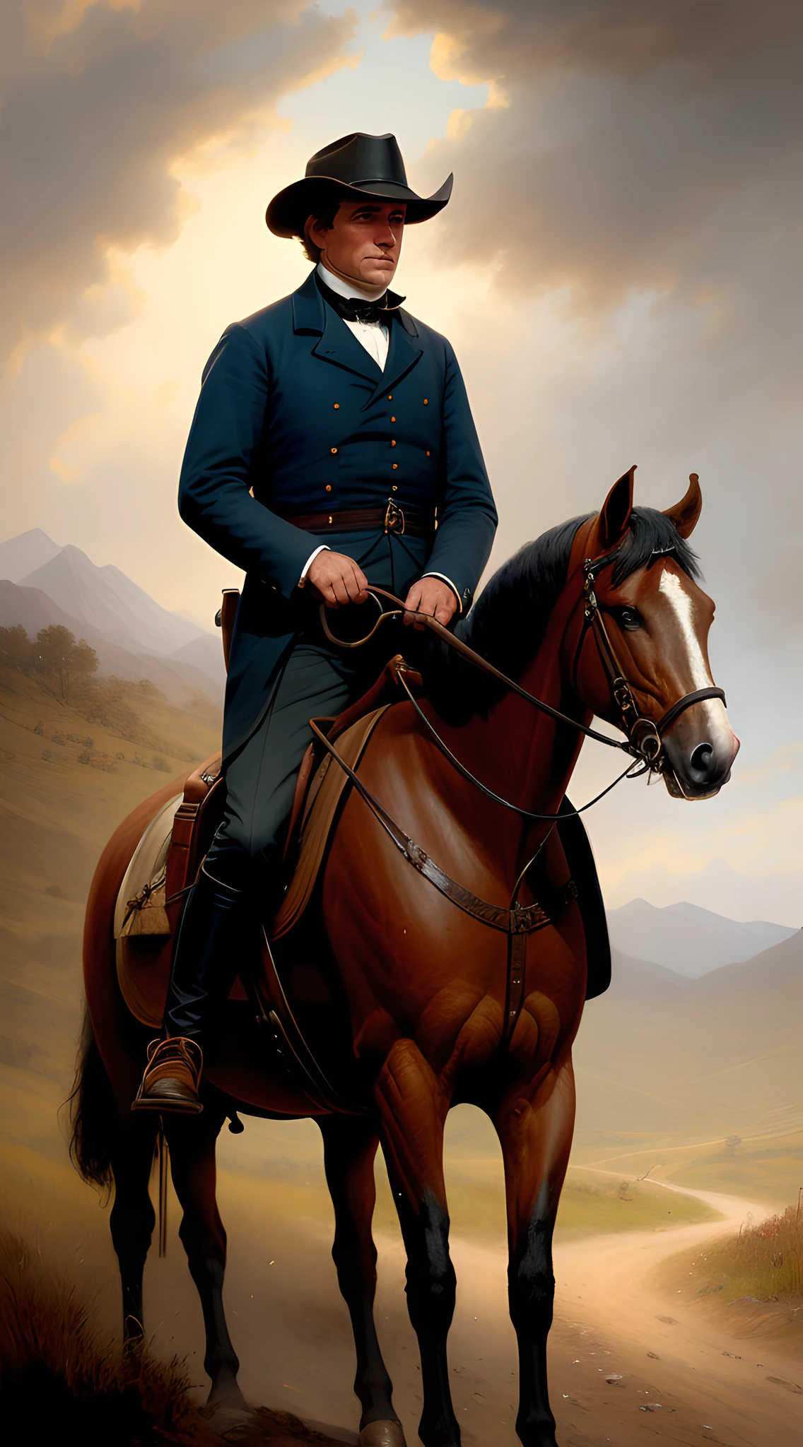 Franklin Pierce on horseback, next to an elderly woman sitting on a dirt road, rural setting, realistic style, highly detailed, dramatic lighting, digital painting, concept art, sharp focus, trending on artstation, artwork by greg rutkowski