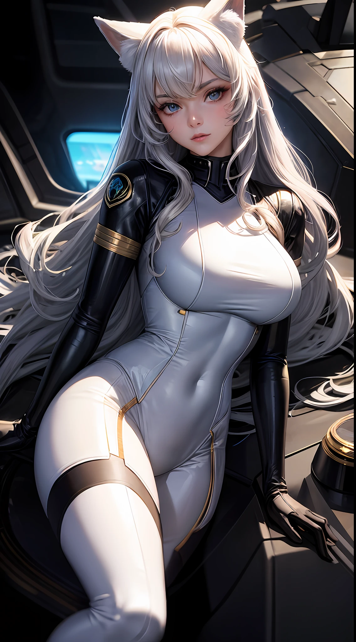 masterpiece, best quality,sexy beautiful young woman, golden curly hair, blue eyes, white fox ears, black cybersuit, sitting at the helm of a combat aircraft
