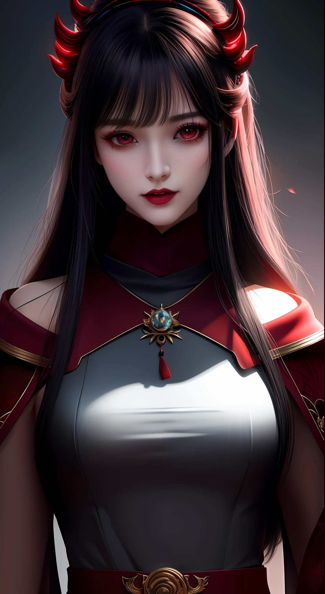 best quality, masterpiece, highres, 1girl, hanfu, white and even teeth, red irises, chinese underwear, hair ornaments, necklace, jewelry, crown jewelry. Pretty face, upper body, magic import style, tyndall effect, photo realistic, dark studio, border light, two tone light, (high detail skin: 1.2), 8k uhd, dslr , soft light, high quality, volumetric light, candid, Photo , high resolution, 4k, 8k, Bokeh, (light pink lips), 1 beautiful demon from hell, In the Dark: 1.6), surreal portraits of women by David Hockney and Alphonse Mucha, fantasy art, photorealism, dynamic lighting, station art, posters, volumetric lighting, highly detailed faces , super 8k, Awarded, in the dark, deep shadow, low light, cowboy lens, (Red phoenix shirt: 1.4), long hair, black hair, bust, luxury palace, Royal style family, devil crown, red eyes with very sharp and detailed makeup, Best face, Very round and tight breasts, Surrealism, chinese women's clothing, turtleneck polo shirt, buds charming smile, Nice eye makeup, guweiz, devil style, black mesh stockings, ponytail with a bow at the back, dark red lips, Devil tattoo on shoulder, wearing a thin slit nightg dark red chest depth, cloak, overcast and thunderous landscape, (Portrait), Protagonist Close-up, (Background detail 1.8),