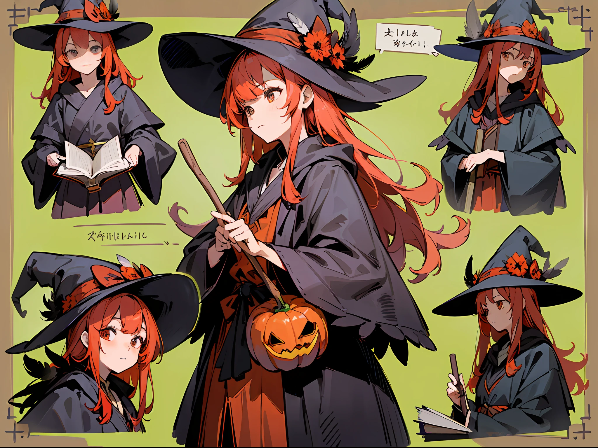 (Masterpiece, best quality) detailed, character sheet, character sheet, many items (witch hat, broom, pumpkin, black cat, magic book, robes, black feathers, decorations, many parts), witches, red hair, magic, full of details, multiple poss and expressions, highly detailed, depth, many parts
