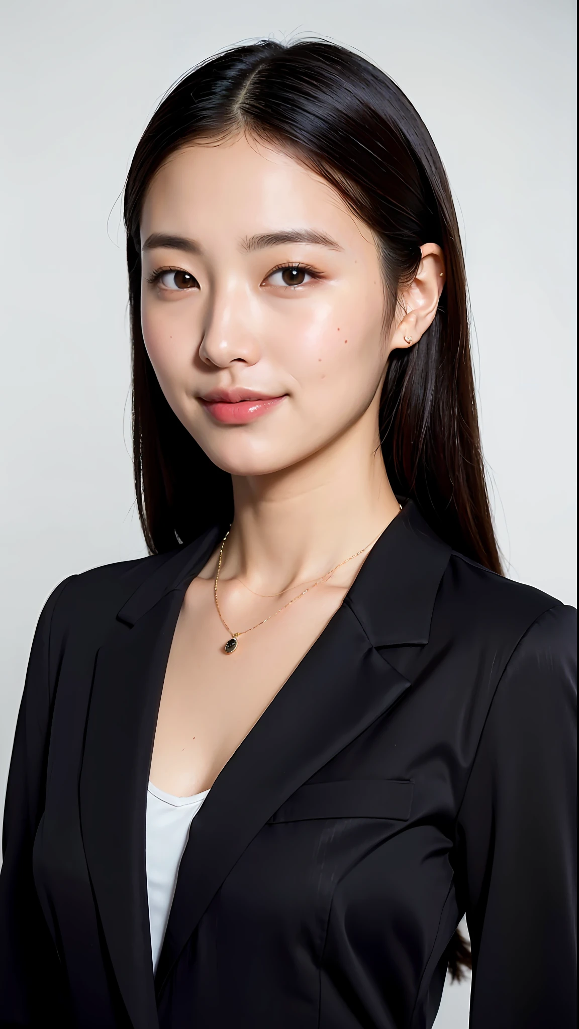 (Best quality, 8k, 32k, Masterpiece, UHD:1.2),Photo of Pretty Japanese woman,(detailed face:1.1), simple black suit, looking at viewer,upper body,necklace,dress shirt,smile,skirt