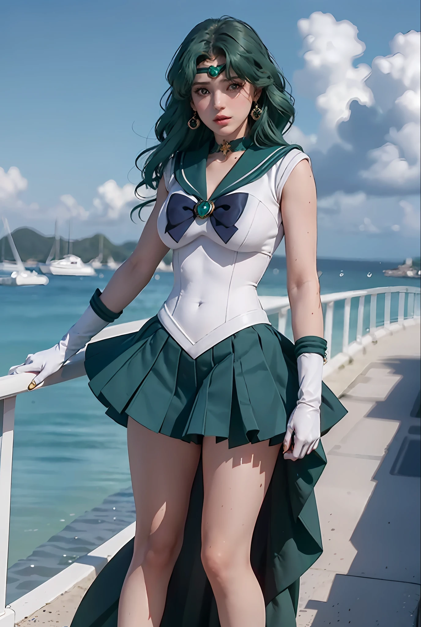 close-up, 1girl, sailor neptune, (sailor senshi uniform:1.2), (aqua eyes:0.9), dark green hair, medium hair, plead skirt, best quality, earrings, masterpiece, high resolution, intricate details, (( realistic )), photographic, (white elbow gloves:1.1), jewelry, Medium breast, full body, Dynamic background, dynamic posture, high heels,